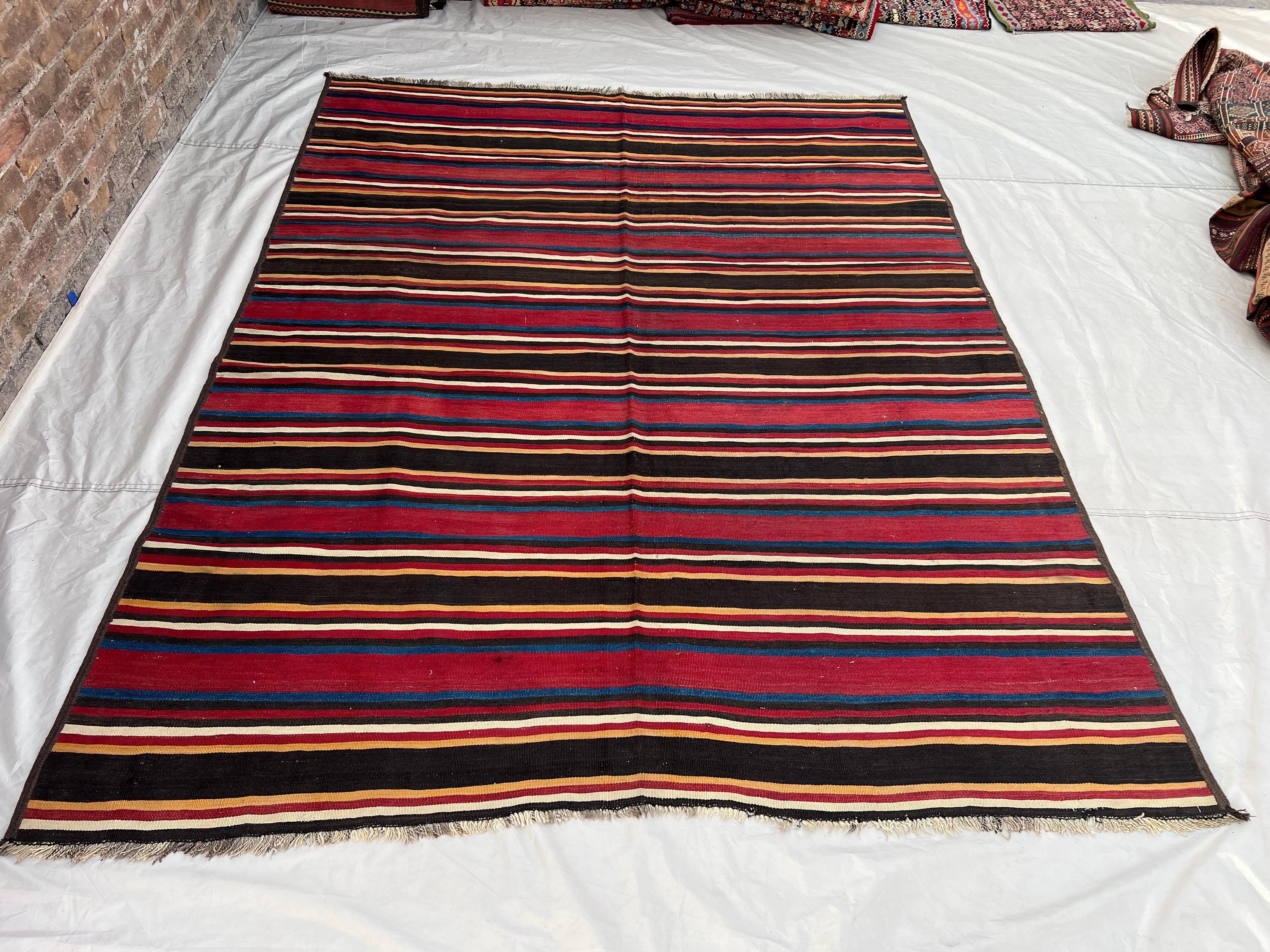 7x9 ft Vintage Afghan Hand-Woven Wool Kilim | Bold Horizontal Stripe | Deep Black Crimson Red Gold & Blue | Living Room Bedroom Dining Room