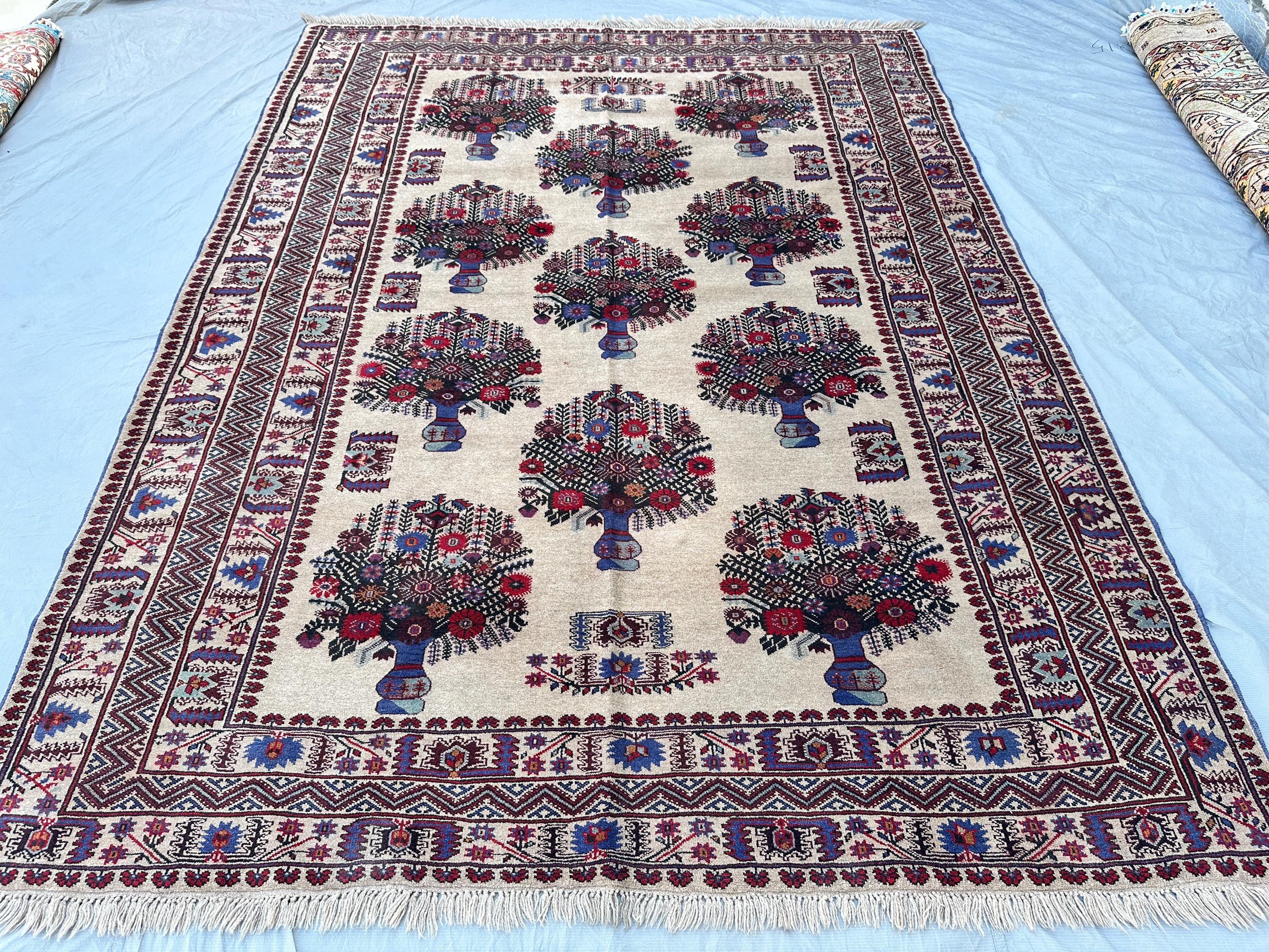 7x9 Ivory Floral Vase Rug, Hand Knotted Wool Pictorial Bouquet Carpet, Afghan Area Rug Living Room Rug