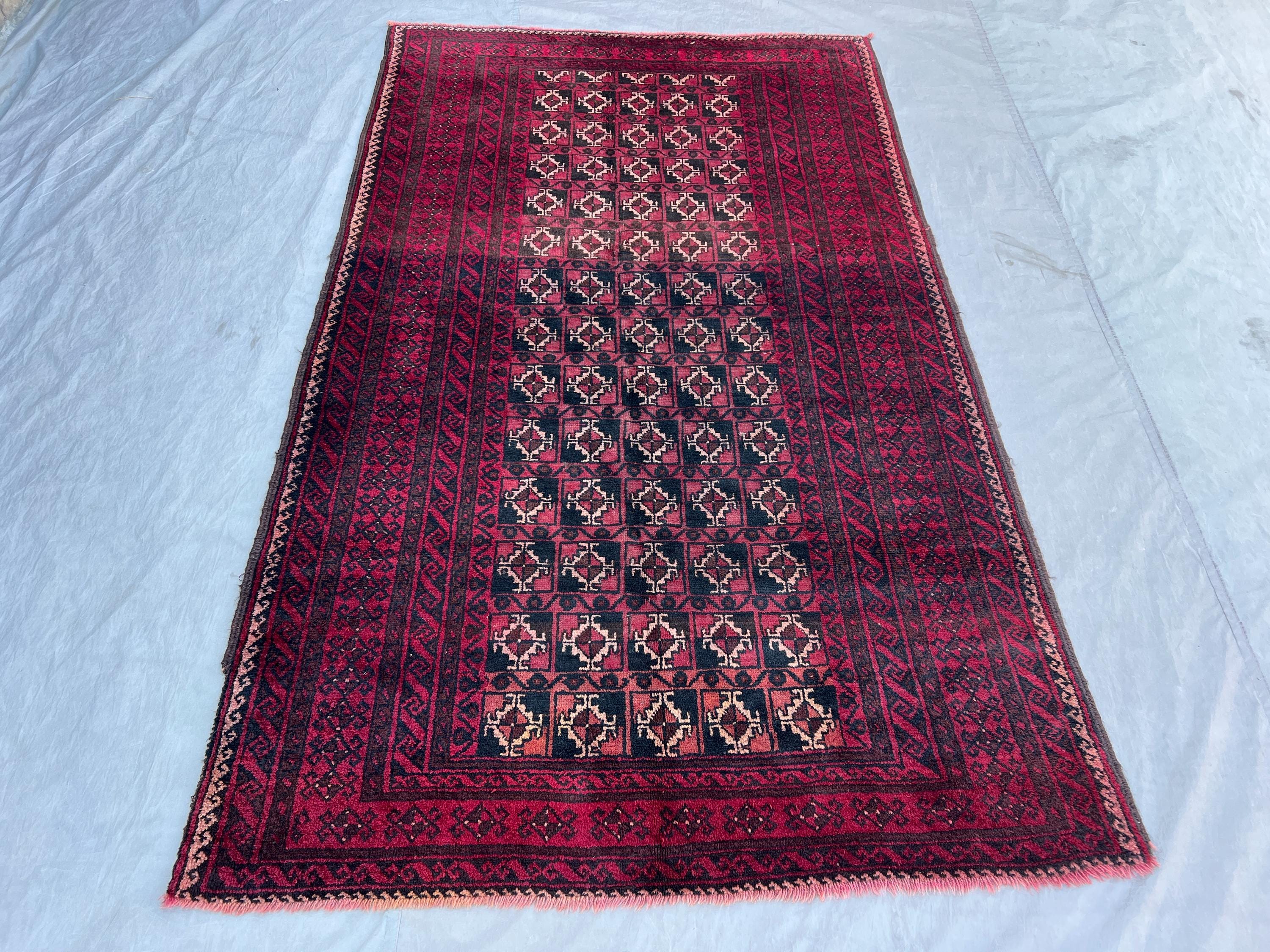 4'11x8 ft Vintage Afghan Turkmen Bukhara Hand-Knotted Rug, Tribal Design, Soft Wool, Oriental Carpet, Home Dec