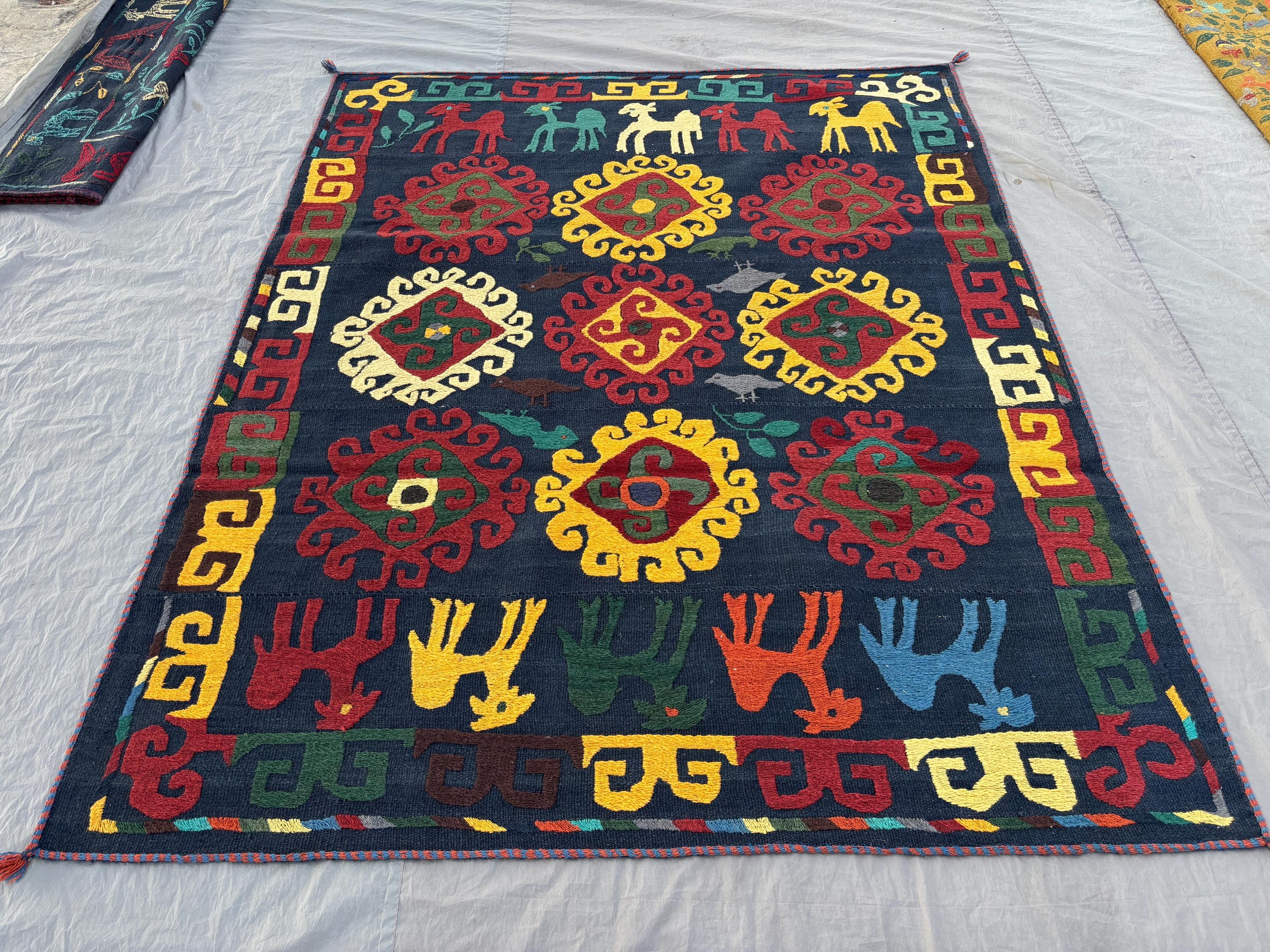 5'7 x 7' Uzbek Suzani Vintage Hand-Knotted Flat Weave Rug | Boho Home Decor | One of a Kind Area Rug | Unique