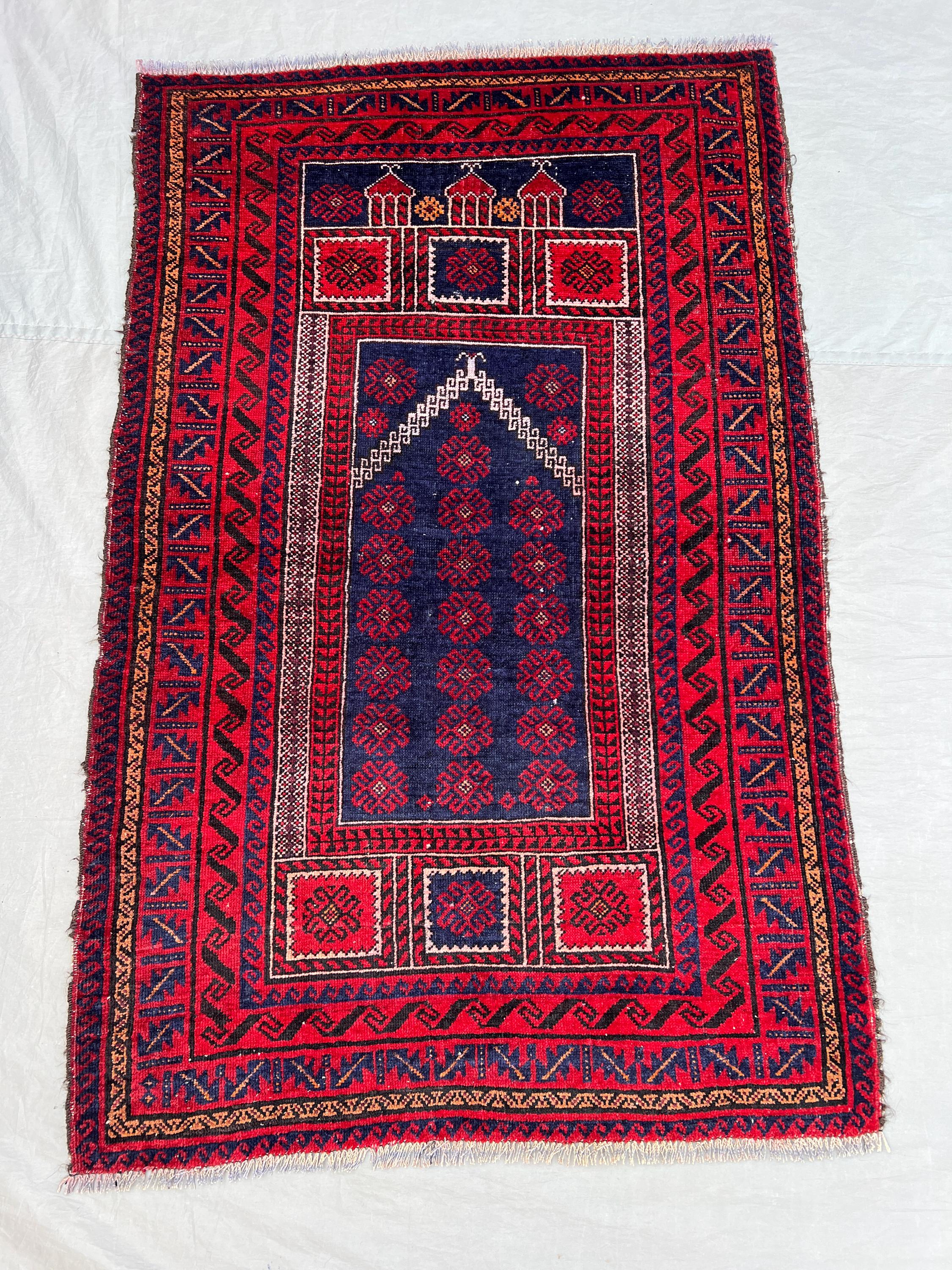 3x4'9 Ft Vintage Afghan Hand Knotted Pile Prayer Rug | Navy Blue Red Mosque Arch Mihrab Geometric Wool Rug | Daily Prayer, Wall Hanging