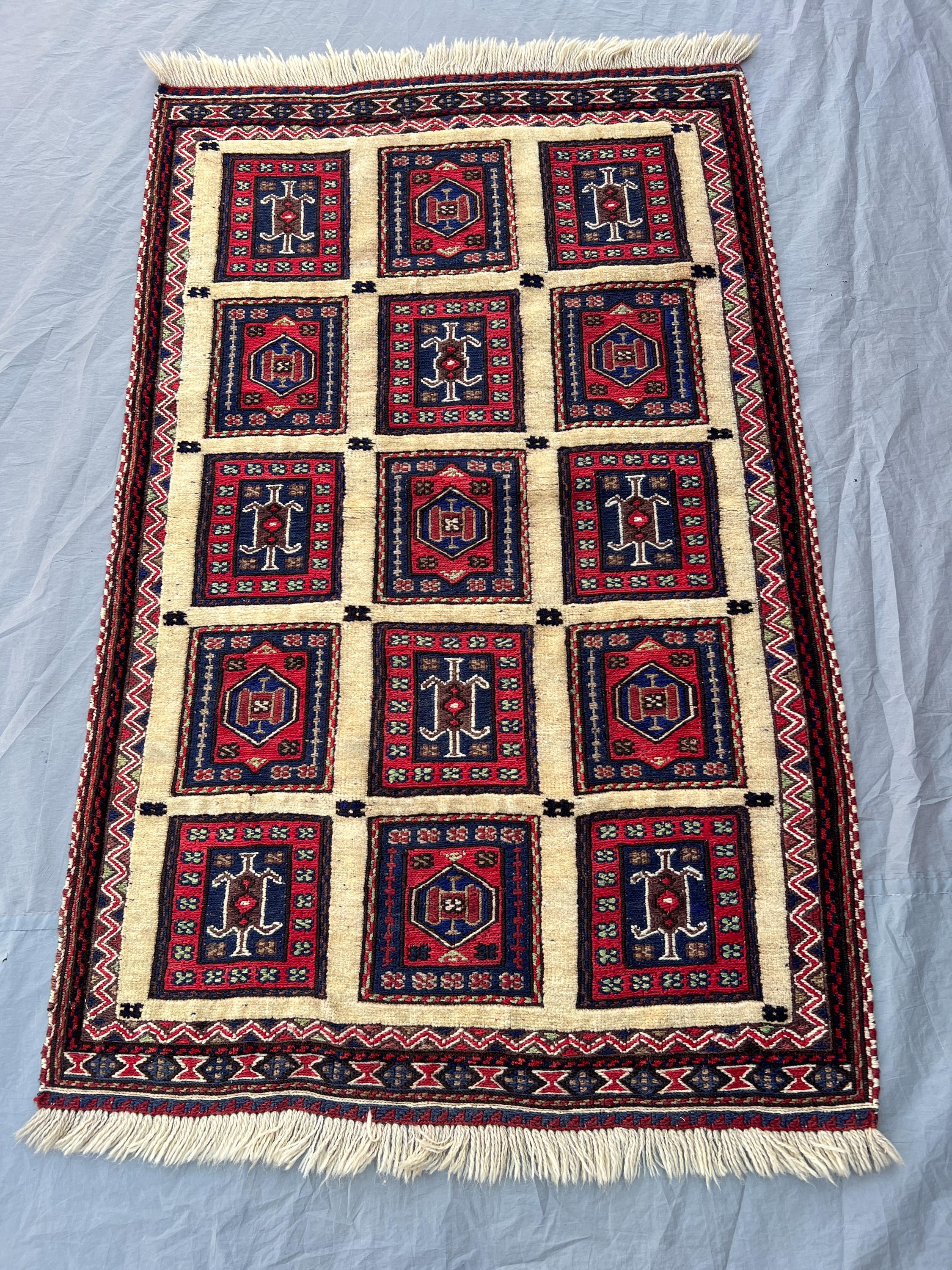 2'10x4'8 Ft Vintage Afghan Baluchi Handknotted Low Pile Accent Rug, 15-Panel Grid Medallion Ivory Red Navy Wool | Bedroom Boho Decor