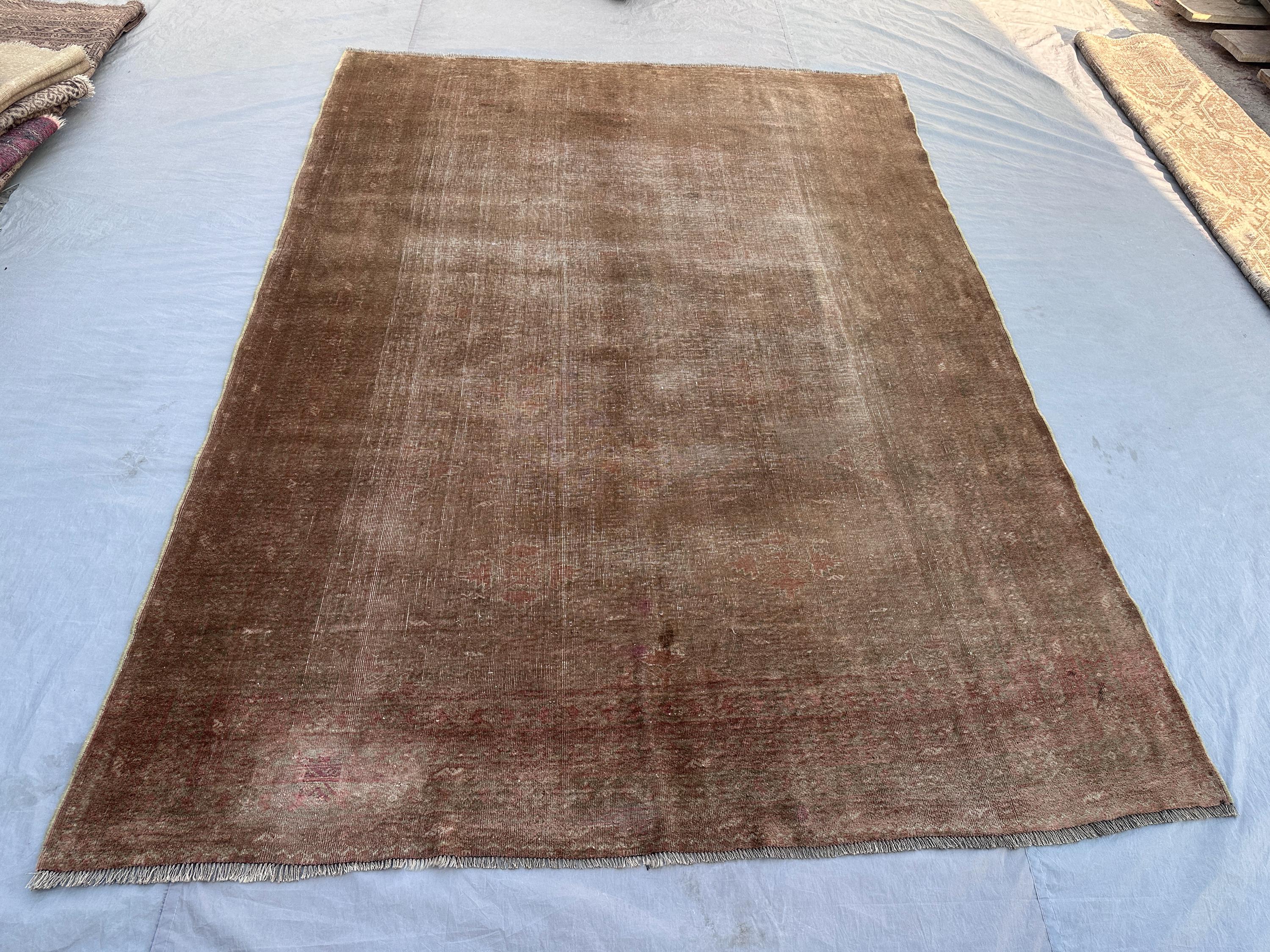 Antique 1900s Turkmen Rug, 6'9 x 9'4 ft, Low Pile, Distressed, Rare Vintage Wool Carpet, Hand-Knotted,Unique Tribal Design,Luxury Home Decor
