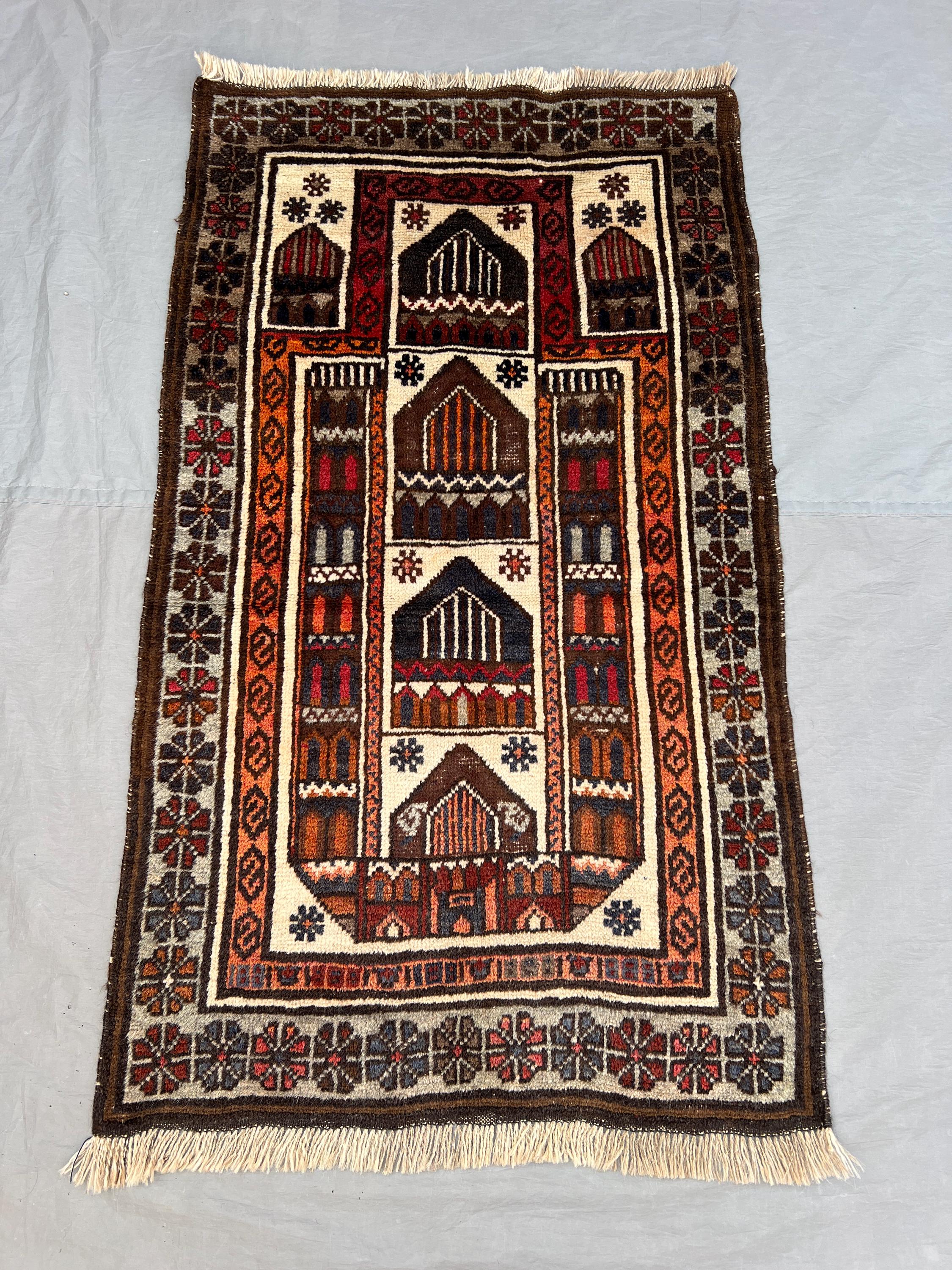 2'8x4'6 ft Vintage Afghan Pile Prayer Rug | Handknotted Pictorial Multi-Arch Mosque | Ivory & Dark Brown Wool | Accent Rug Wall Hanging