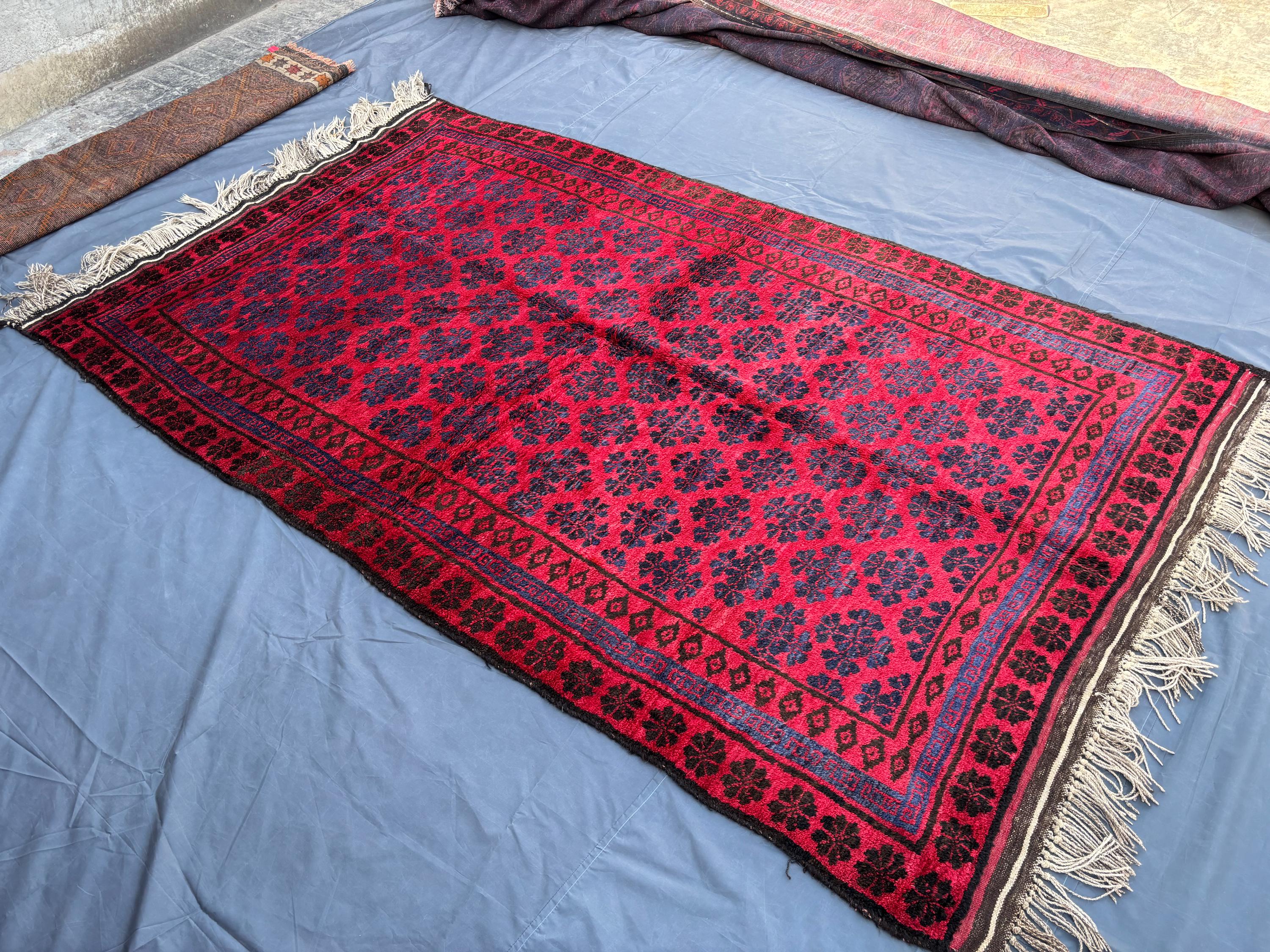 6 x 9 Vintage Afghan Baluchi Hand-Knotted Rug, Fine Wool Geometric Design, Soft Pile Rare Tribal Red and Blue Area Carpet | Living Room Rug