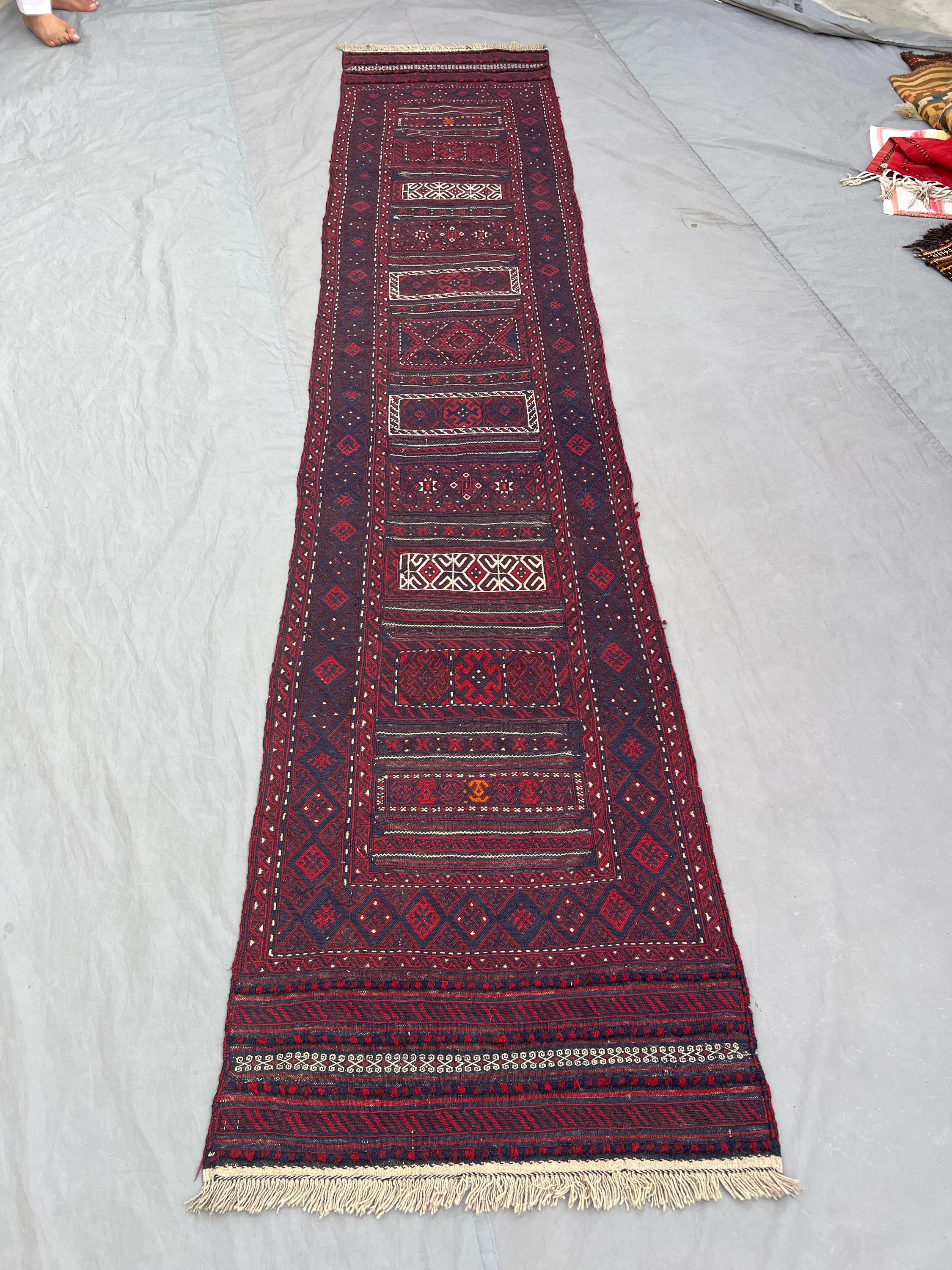 3 x 13 ft Afghan hand woven vintage flat weave kilim runner one-of-a-kind long hall decor with intricate Mishwani design