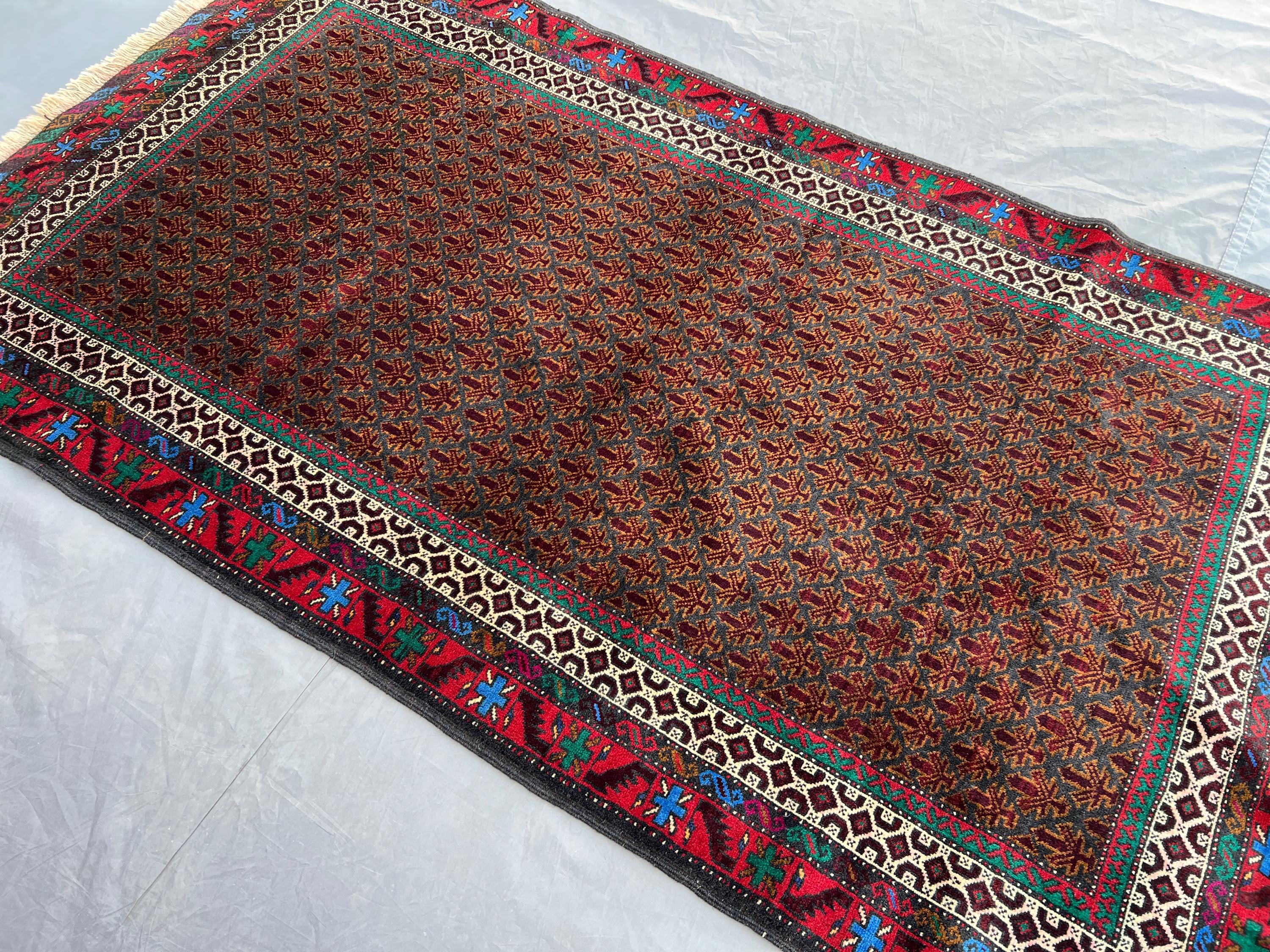 Afghan Vintage Rug, 4x7 ft High Pile Geometric Hand Knotted Natural dyes Wool Rug, Oriental Baluch Antique Caucasian floral rug, Bedroom Rug