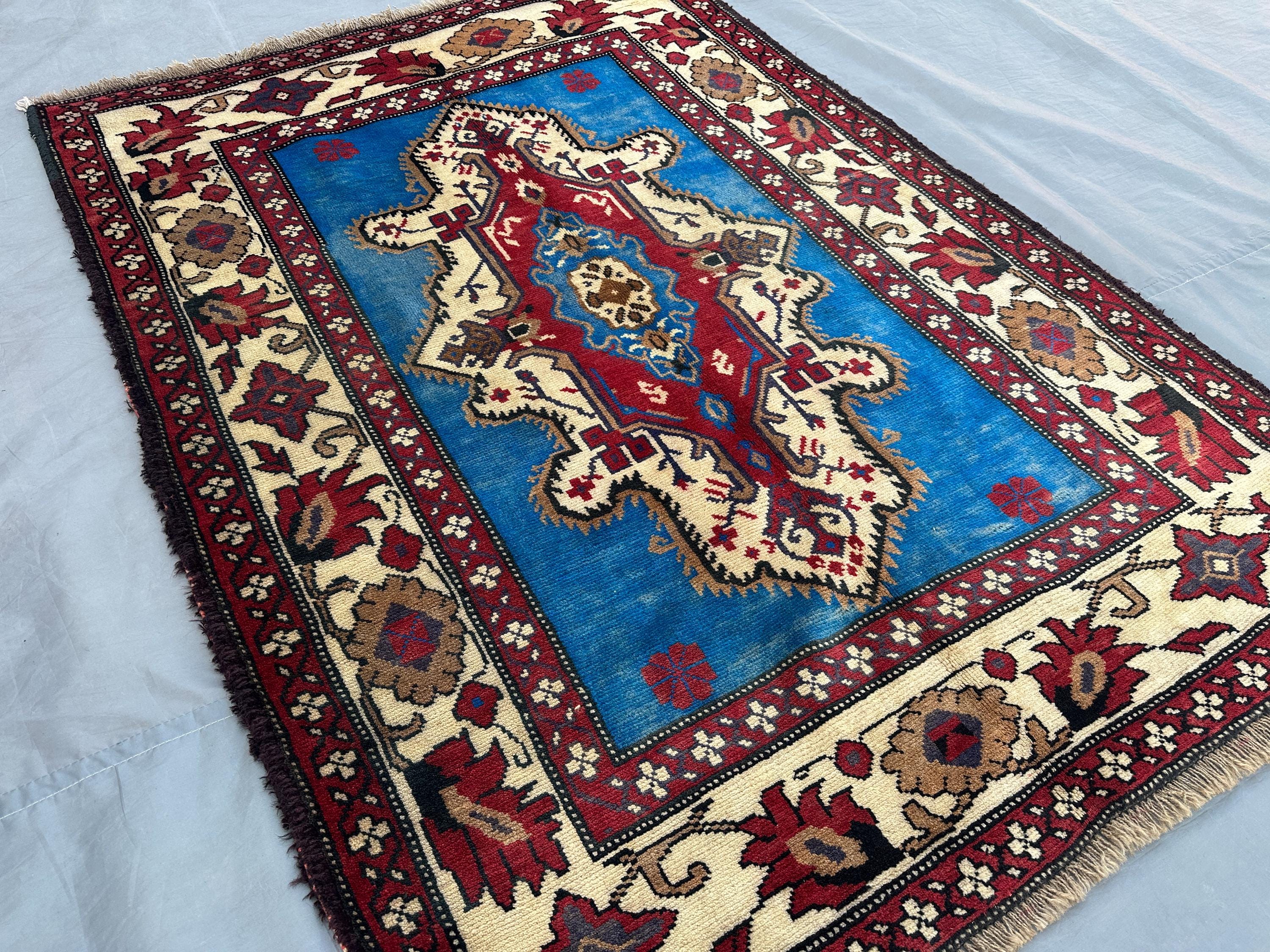 Antique Afghan Baluch Tribal Rug - 3'6"x4'9" Geometric Pattern, Turkmen Faded Design, Wool Rug in Sky Blue, Sm