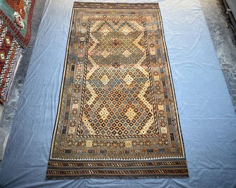 8'0" x 14'9" ft Afghan Handmade Tribal Kilim Rug | Maimana Wool Flat Weave | Vintage Oversized Turkmen Geometric Rug, Palace Rug, Floor rug