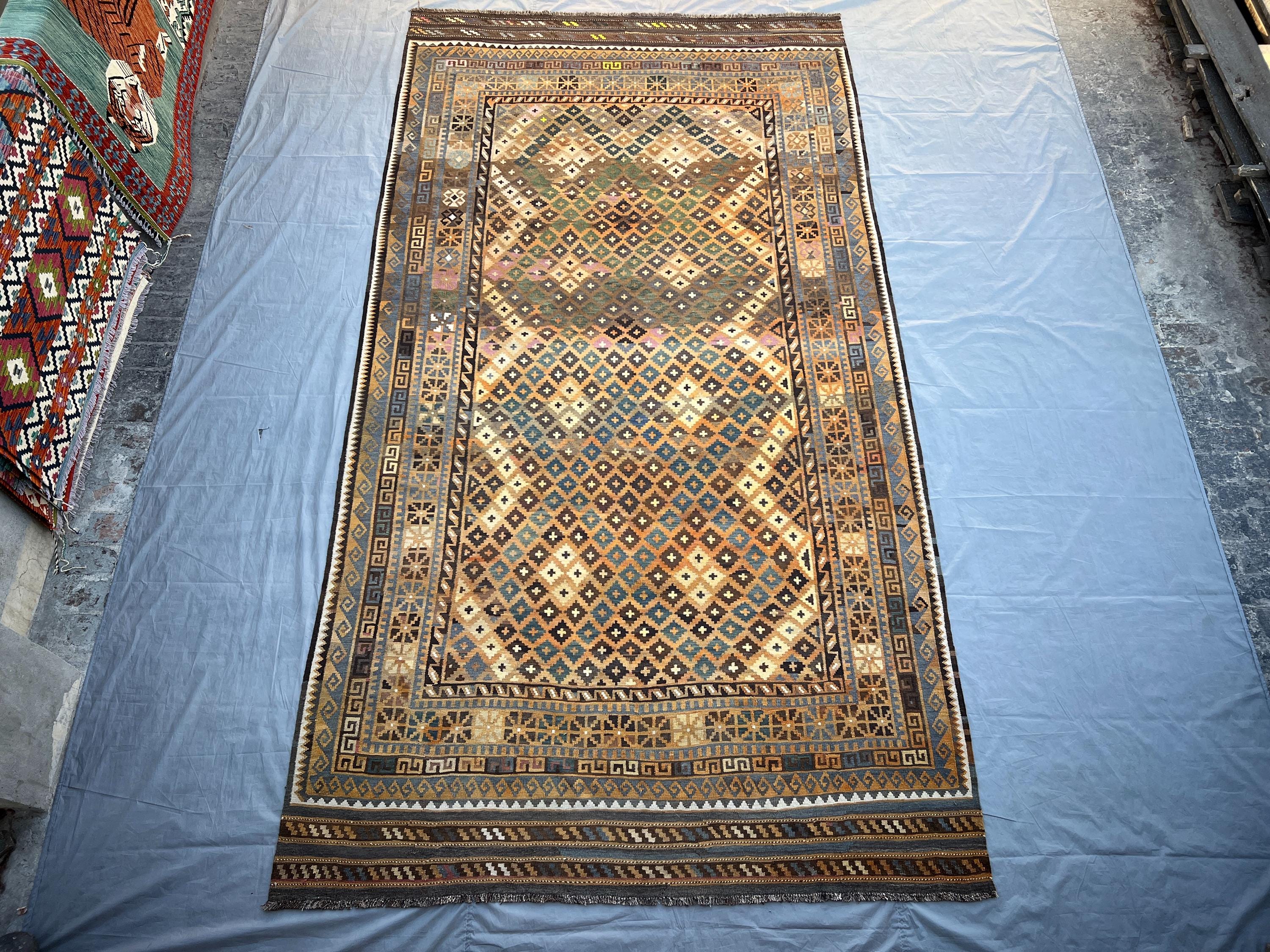 8'0" x 14'9" ft Afghan Handmade Tribal Kilim Rug | Maimana Wool Flat Weave | Vintage Oversized Turkmen Geometr