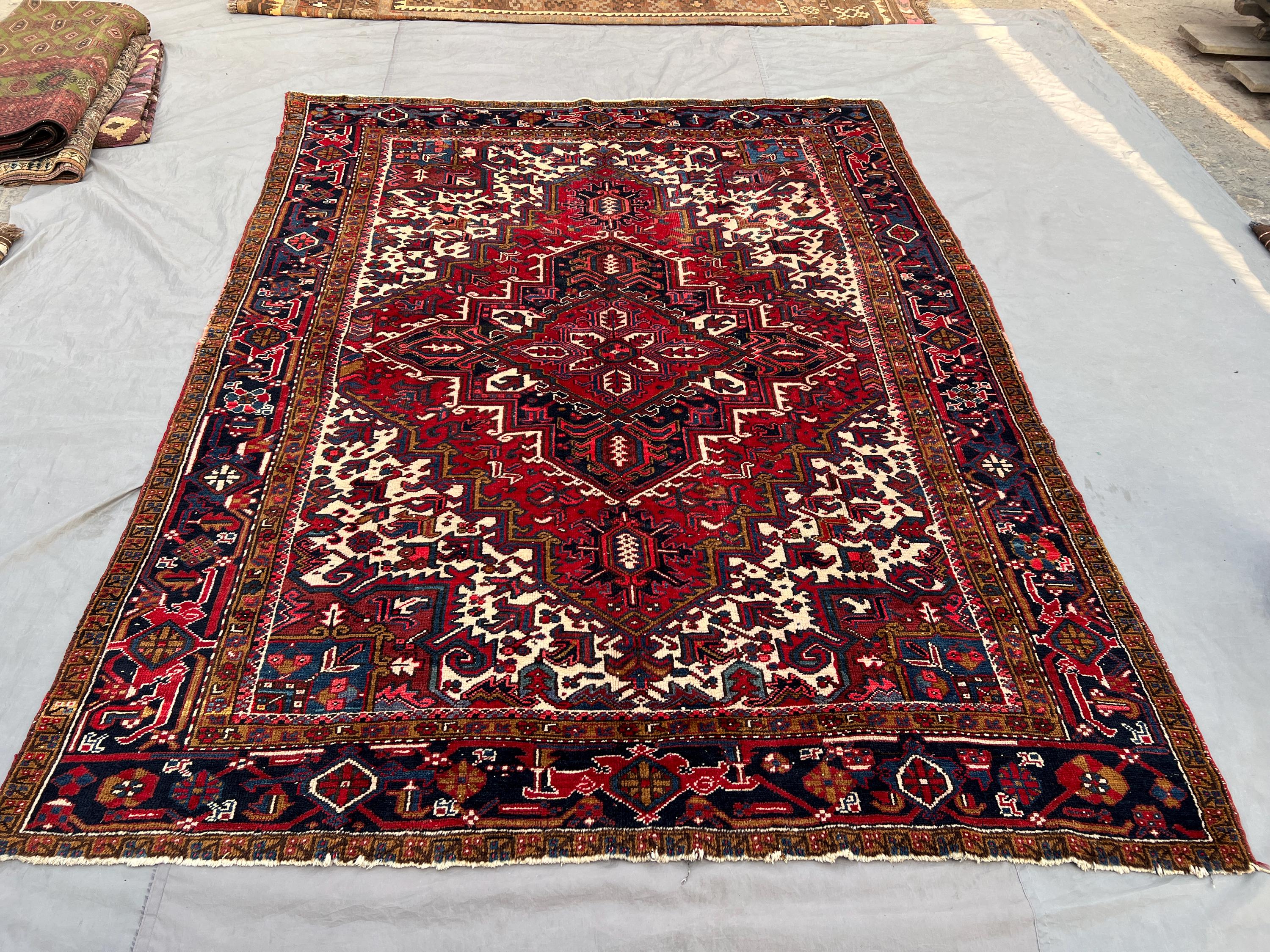 7'2x9'5 Ft Vintage Afghan Wool Pile Rug,Hand-Knotted Medallion Red Rug, Large Area Rug, Living Room Carpet, Dining Room Decor, Floor Rug