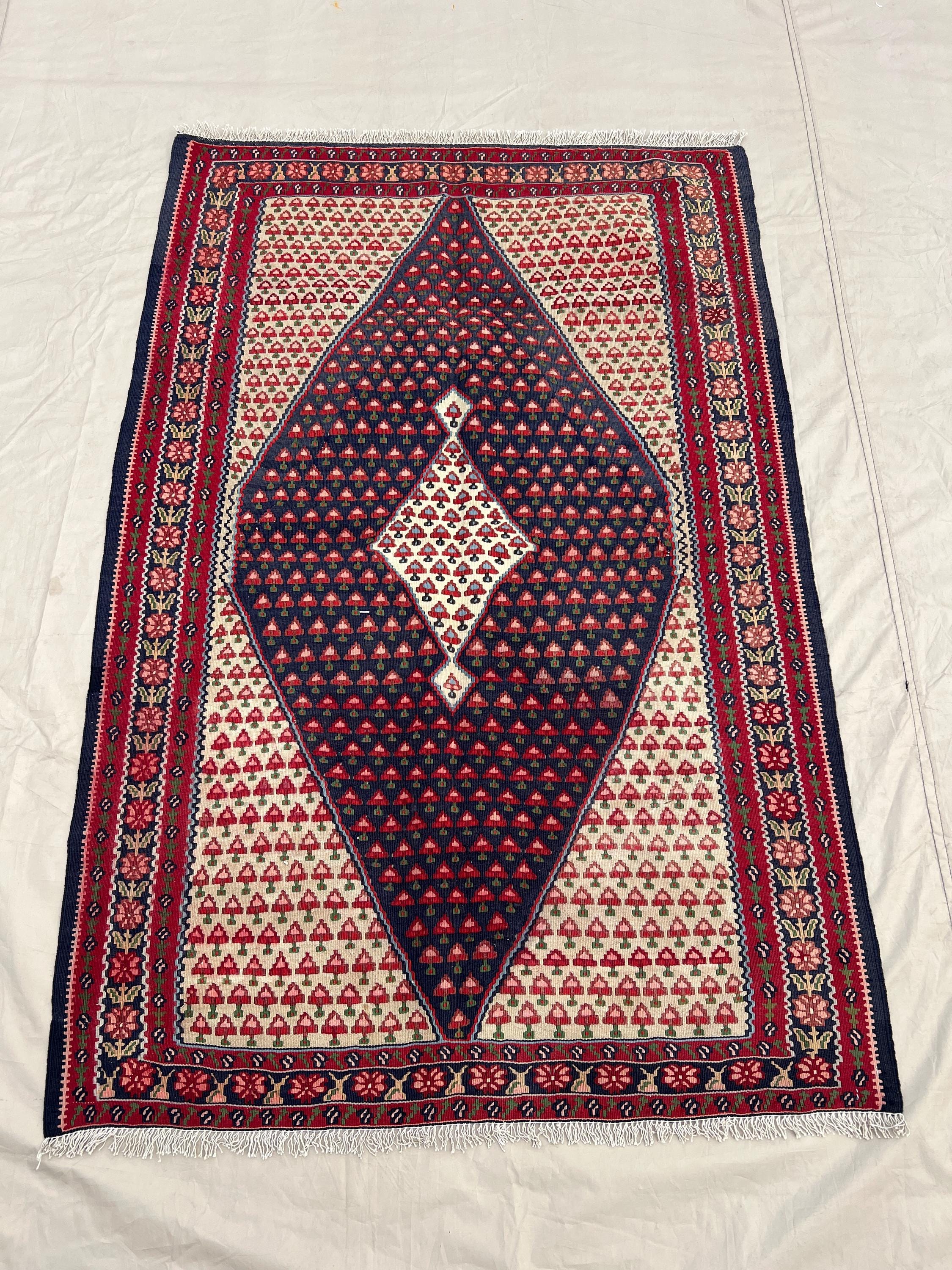 3'5x5'1 Antique Afghan Baluchi Kilim Rug - Handwoven Flatweave, Red & Blue Geometric Design Vintage Boho Home