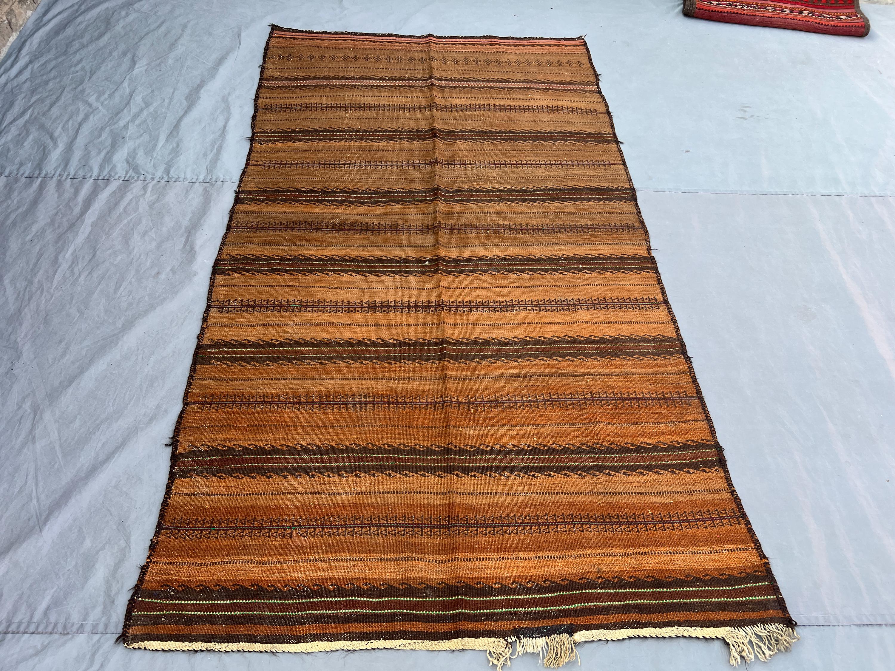 4'6x8'2 Vintage Afghan Kilim | Flat Weave Wool Area Kilim | Warm Burnt Orange Brown Horizontal Stripe Kilim | Bohemian Living Room Kilim