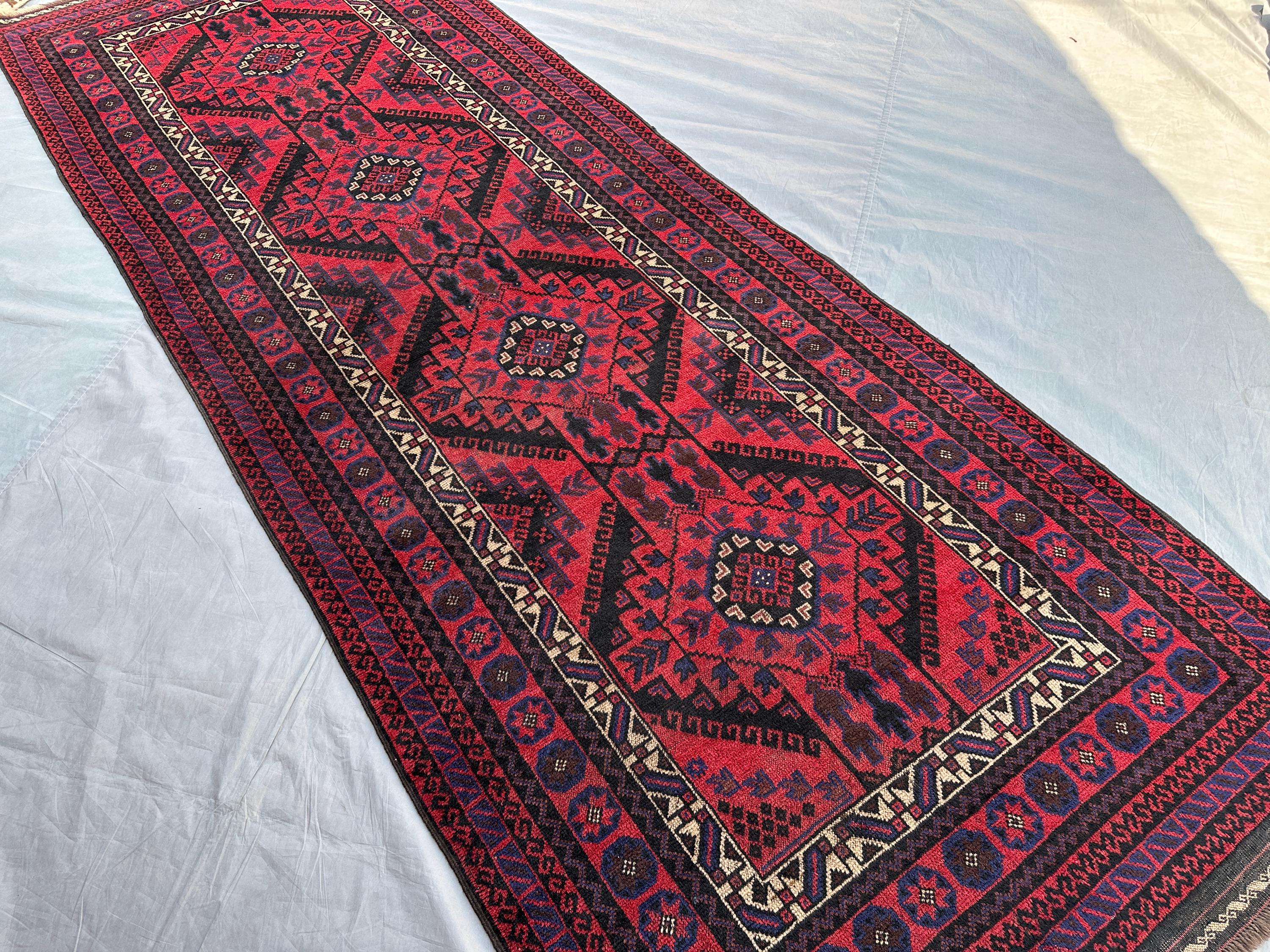 4.3x12.0 ft Antique Baluch Wide Runner Rug Afghan Tribal Soft Wool Hallway Rug Vintage Handmade Carpet, Turkme
