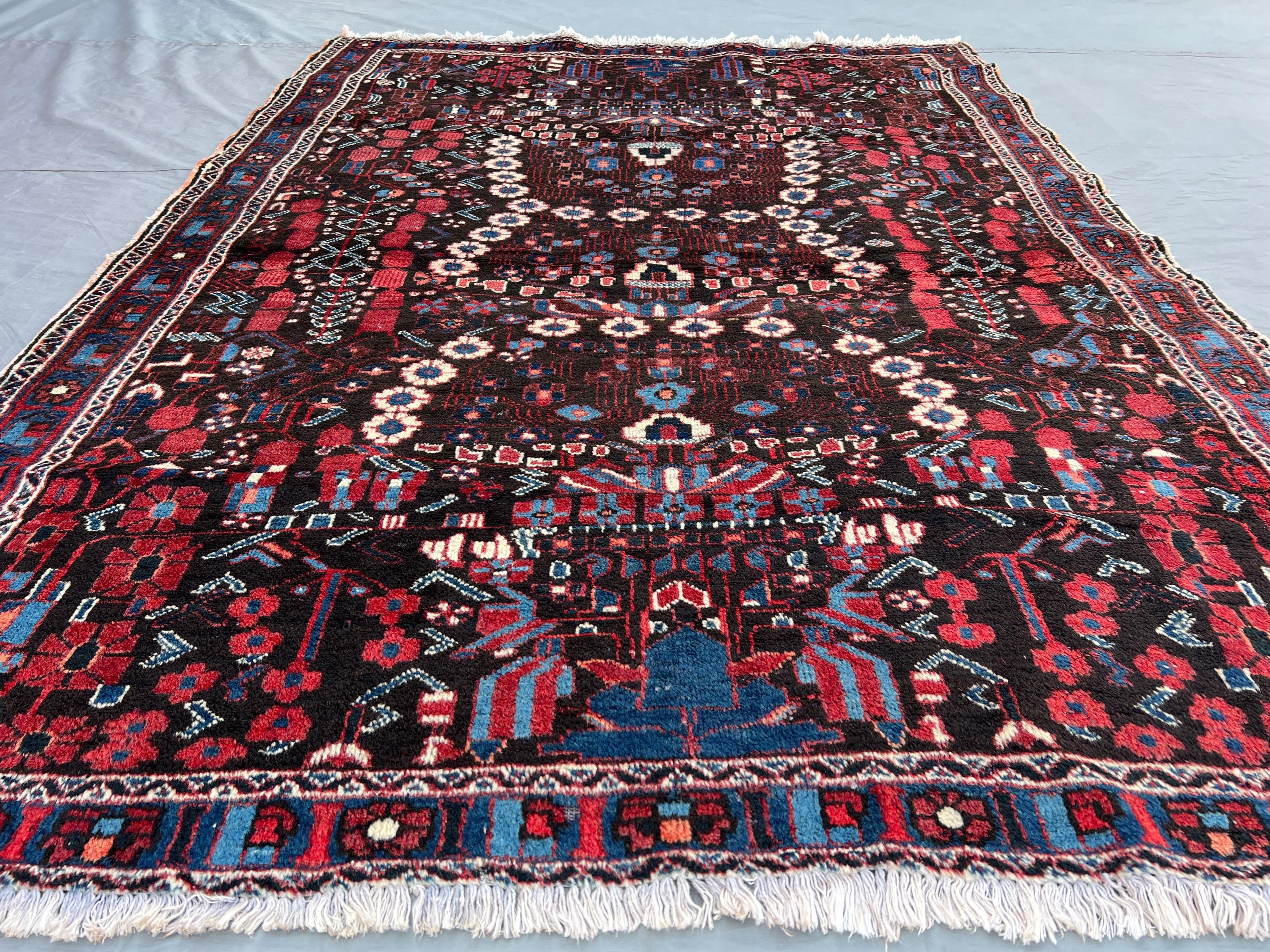 4'4x6'1 ft Antique Afghan Rug | Hand-Knotted Wool Tribal Carpet | Caucasian Style Floral Rug | Vintage Red Blue Area Rug for Living Room