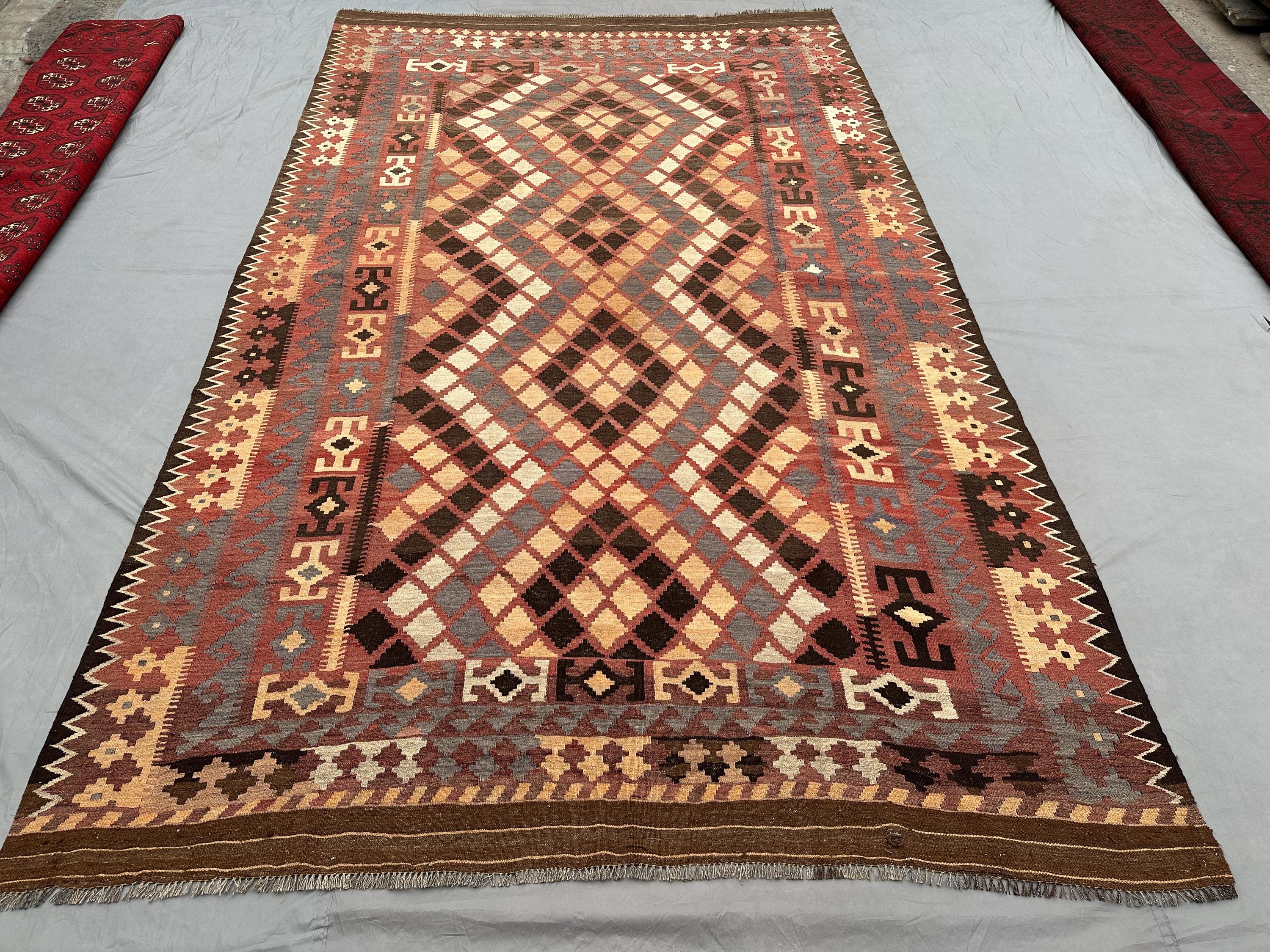 7x12 Ft Antique Afghan Flat Weave Kilim Rug, Turkmen Faded Geometric Wool Rug, Turkish style Kilim, Outdoor or