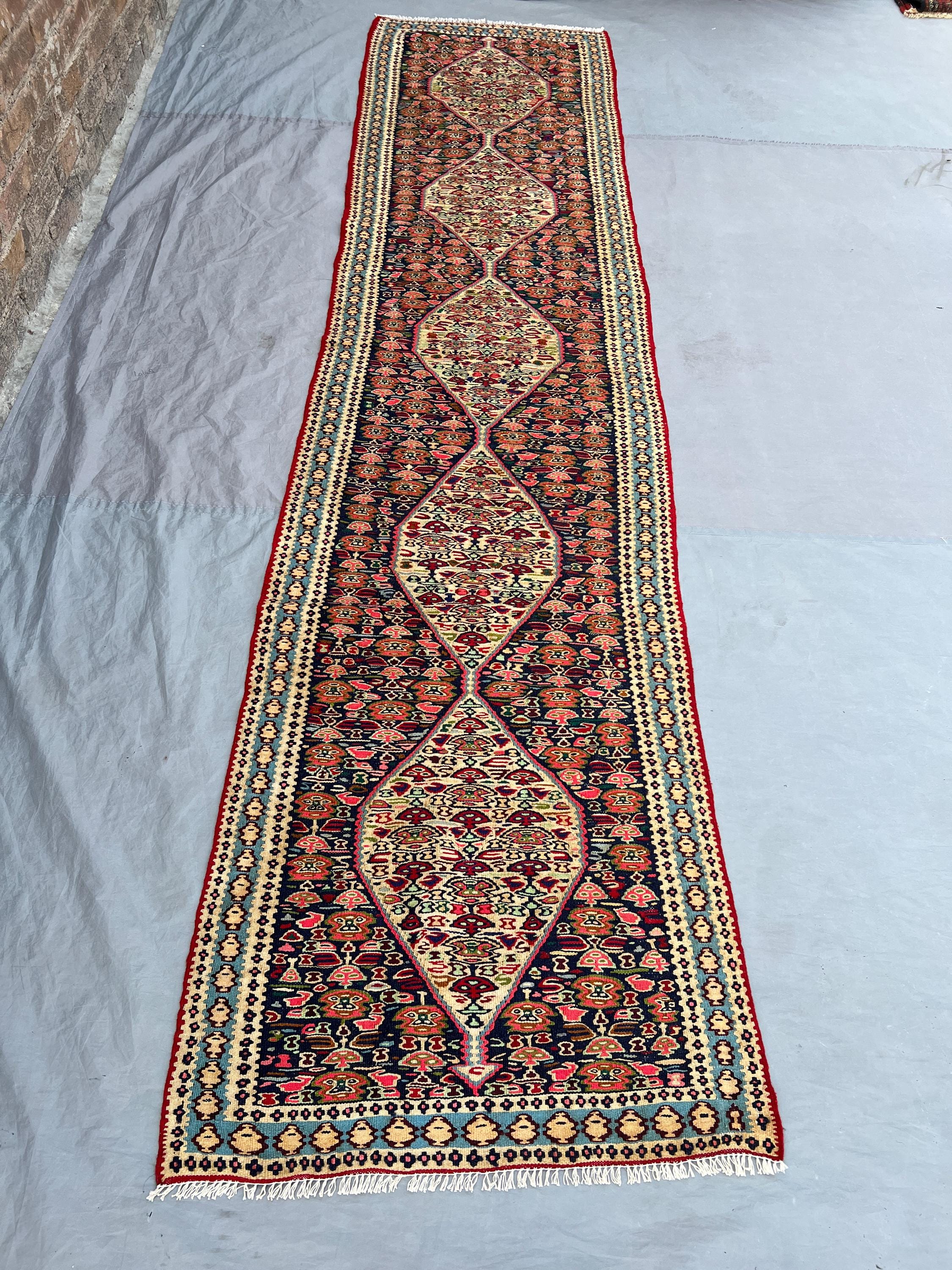 2'6x10'3 Ft Vintage Afghan Kilim Handwoven Wool Flatweave Linked Diamond Medallion Navy Ivory Red Orange Long Runner | Hallway Staircase