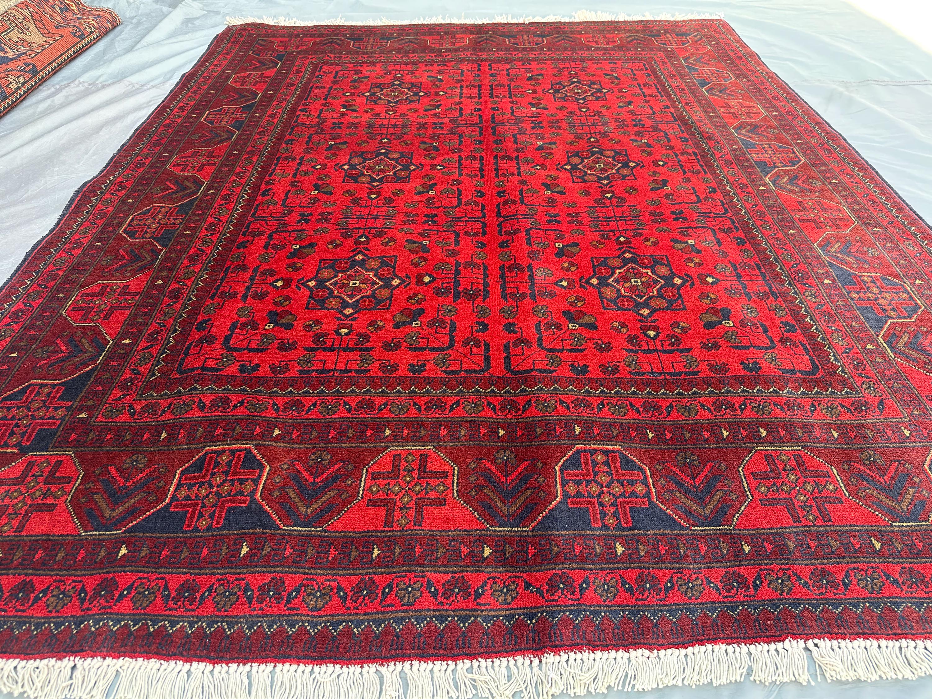 Afghan Turkoman Tribal Rug 5'2x6'5 ft Handmade Bukhara Carpet | Khal Mohammadi Geometric Wool Rug, Traditional