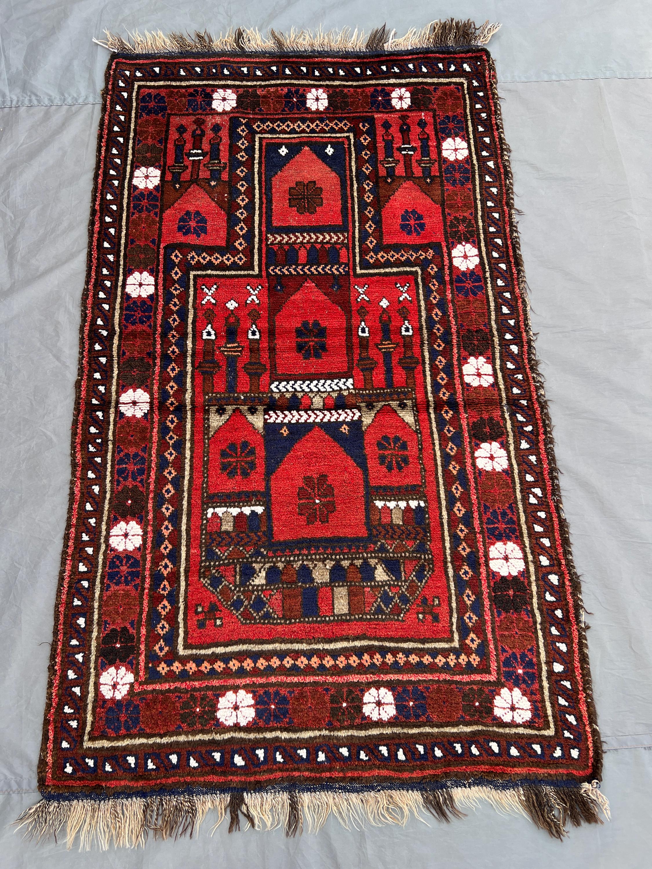 Vintage 3.3x5.3 ft Afghan Prayer Rug | Hand Knotted Wool Mihrab Carpet | Red Islamic Decor Rug | Tribal Boho O
