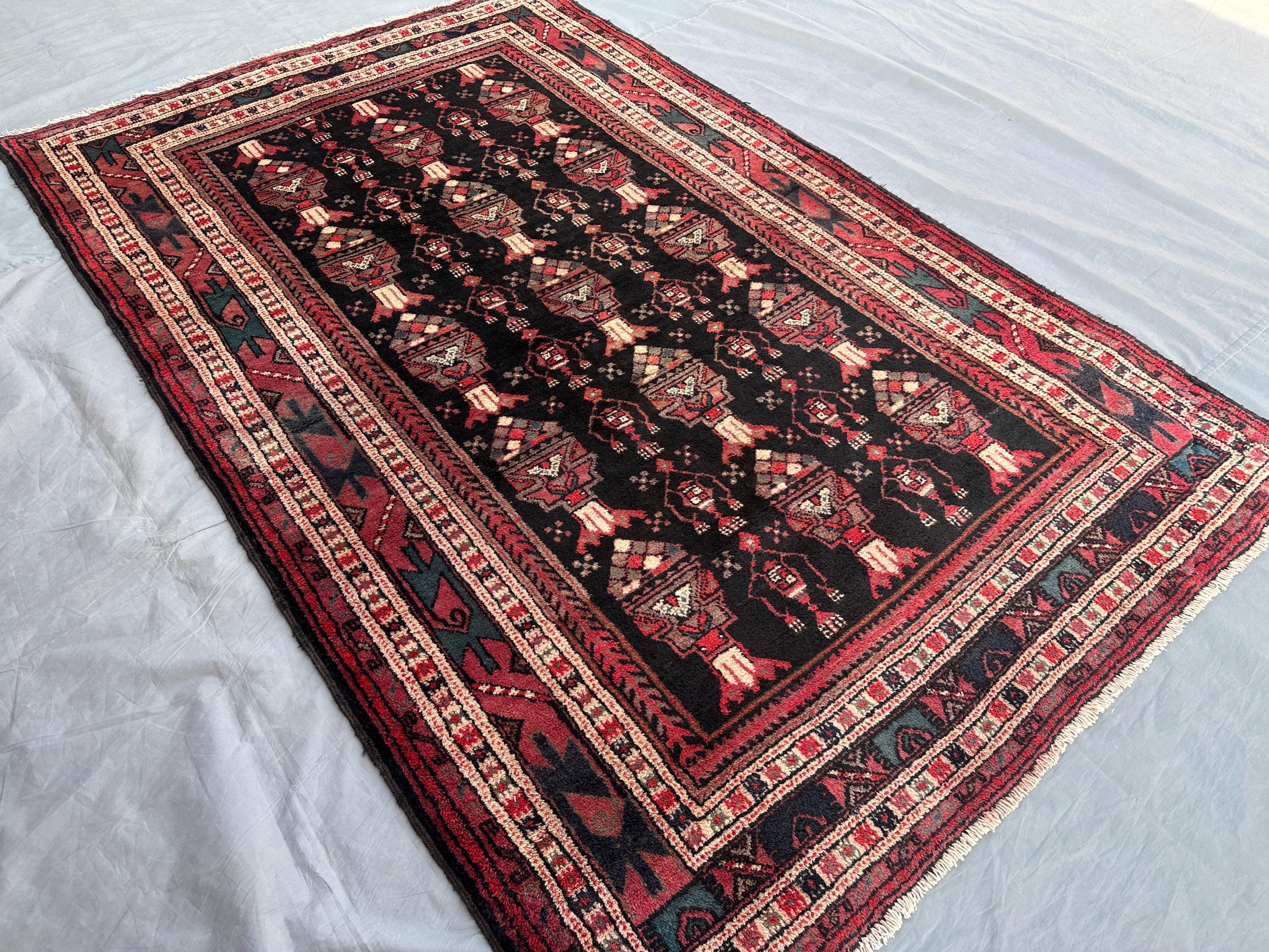Vintage Afghan Baluch Tribal Rug 4'5x6'10 ft | High-Pile Nomadic Wool Carpet | Geometric Fine Moroccan-Style R