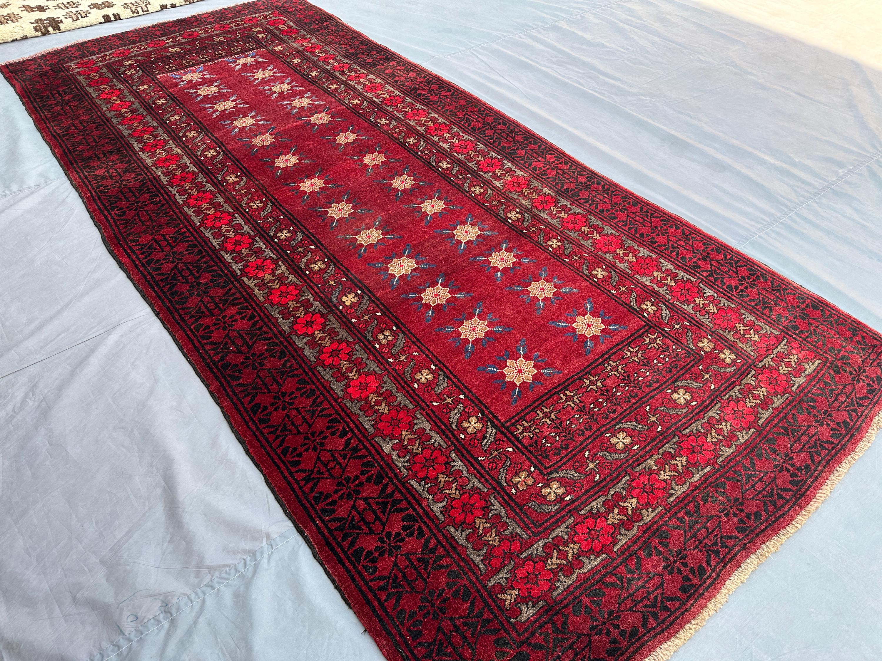 Antique Ersari Rug 4'6x9'9 Ft Handmade Afghan Wool Wide Runner | Tribal Turkmen Bukhara Carpet | Vintage Area