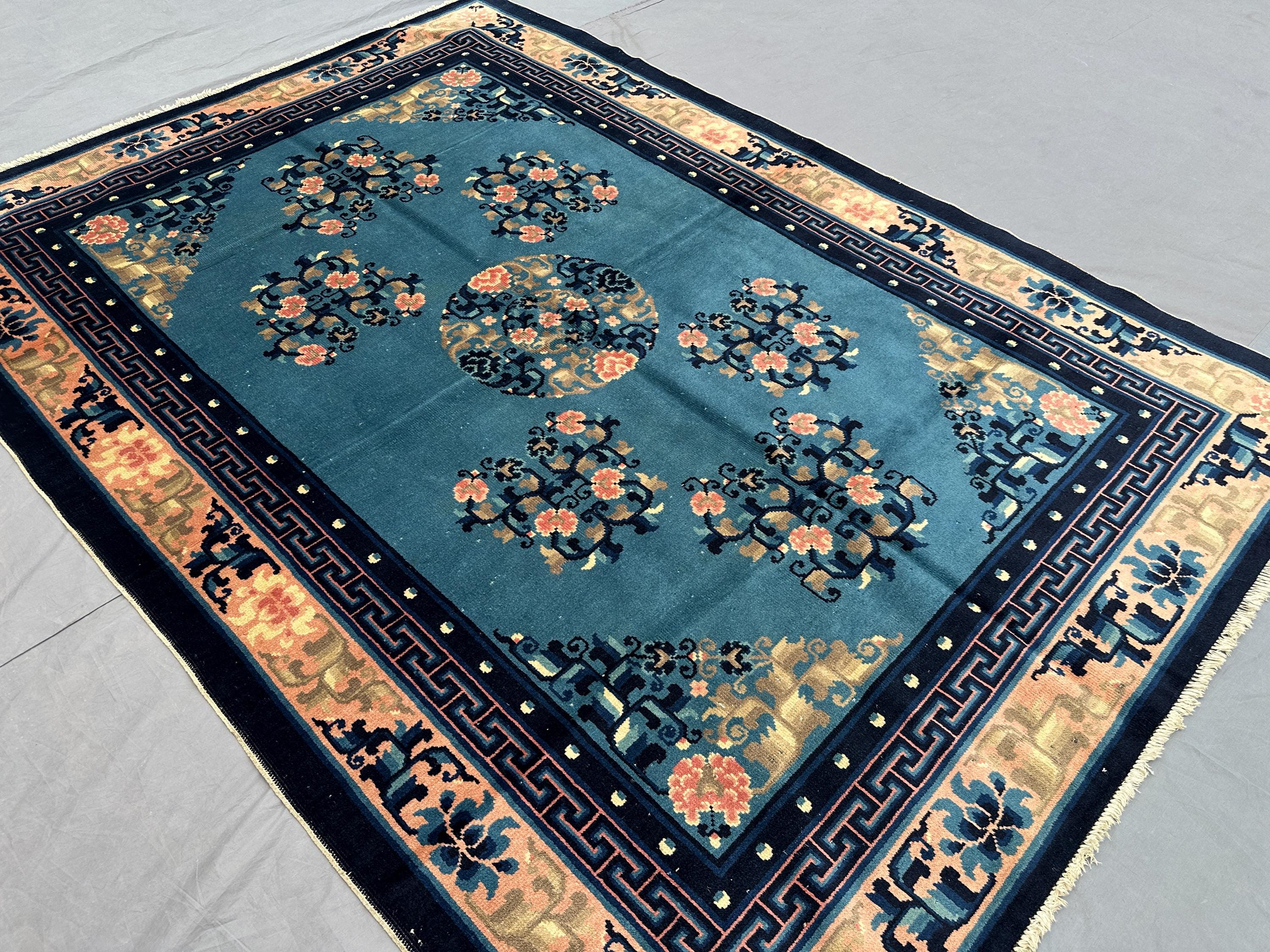 5x7 Turkish Style Peking Rug | Hand-Knotted Wool Floral Carpet | Vintage Medallion Blue Oriental Rug | Traditional Soft Decor, Bedroom rug
