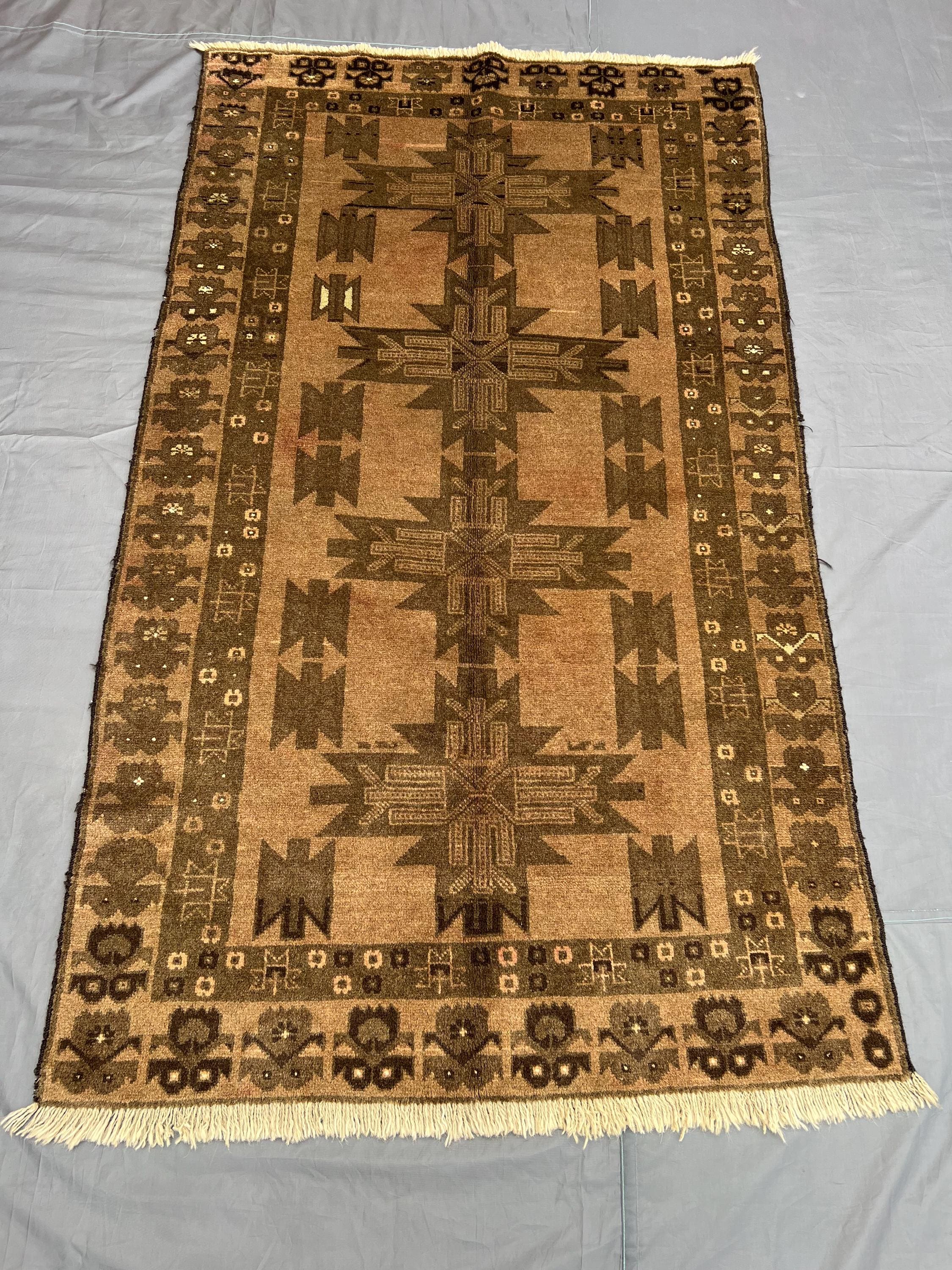 Afghan Tribal Wool Rug, 3.9x6.5 ft Handwoven Brown Soft Carpet, Geometric Pattern Vintage Rug, Boho Farmhouse Living Room Rug, Floor Decor