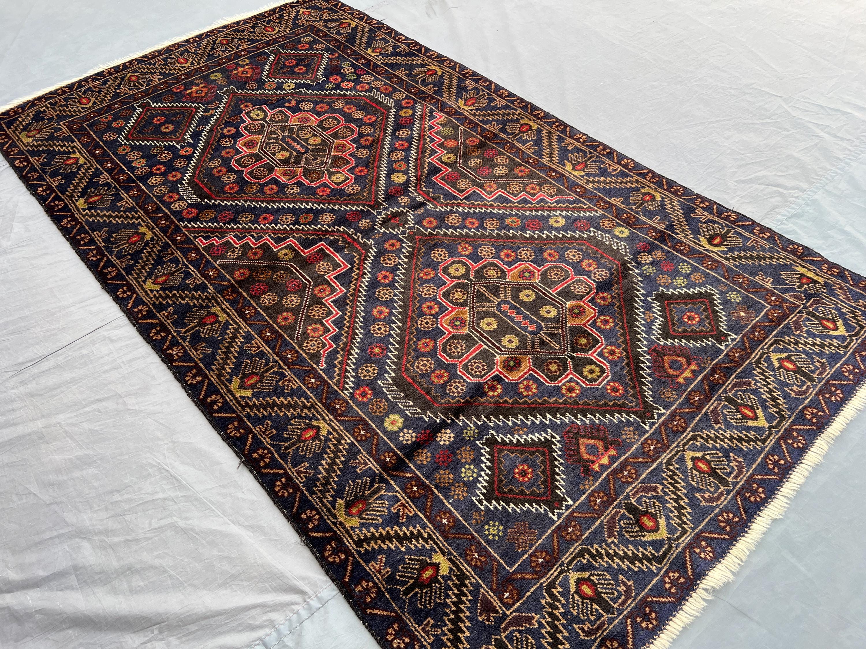 Vintage Afghan Rug 4x7 | Hand Knotted Wool Tribal Carpet | Geometric Medallion Design | Baluchi Style Nomadic Oriental Area Rug, Bedroom Rug