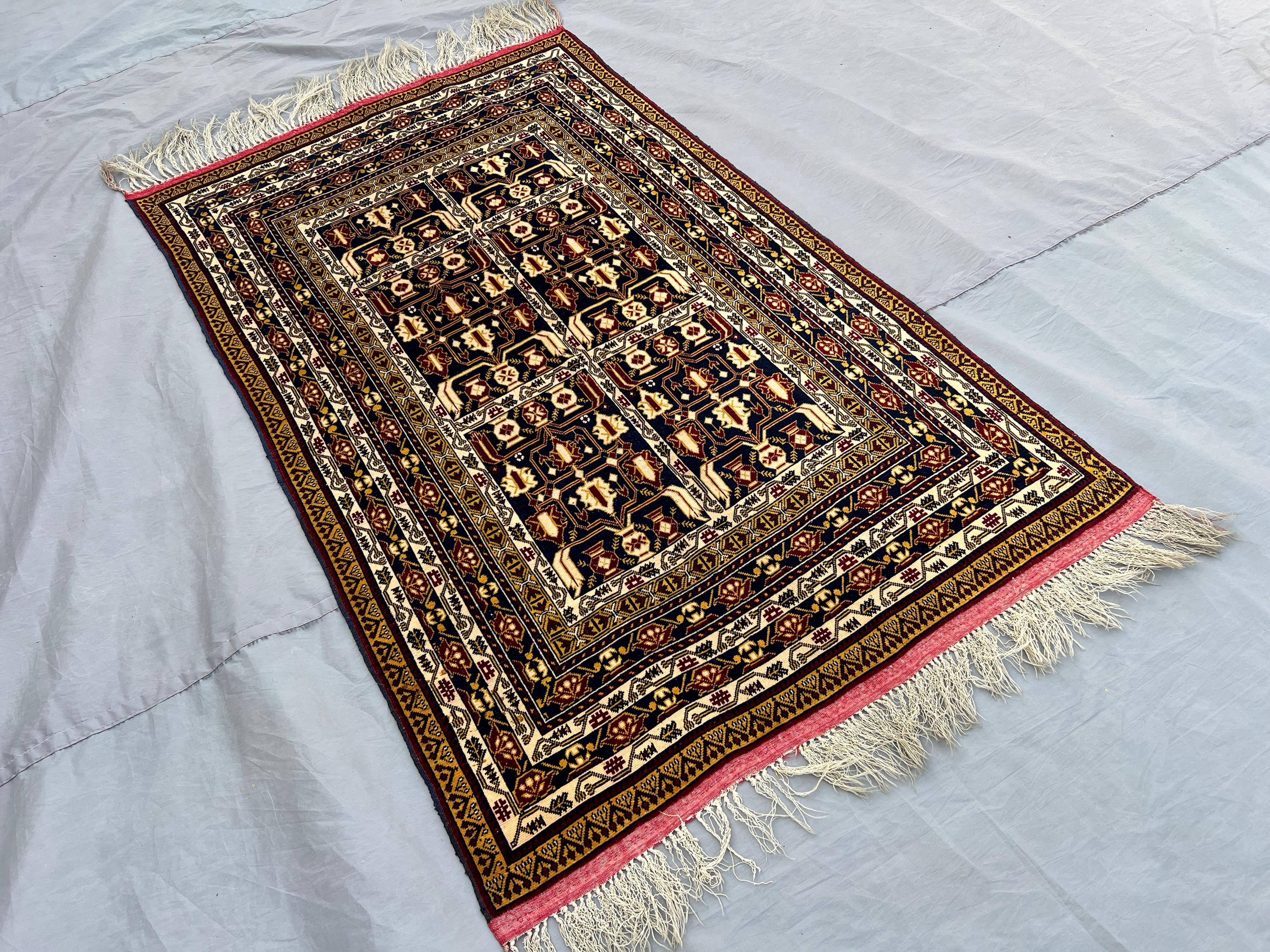 3x5 Antique Afghan Baluchi Rug | Hand Knotted Wool Tribal Carpet | High Quality Turkmen Pattern | Vintage Nomadic Prayer Rug Decor, Kids rug