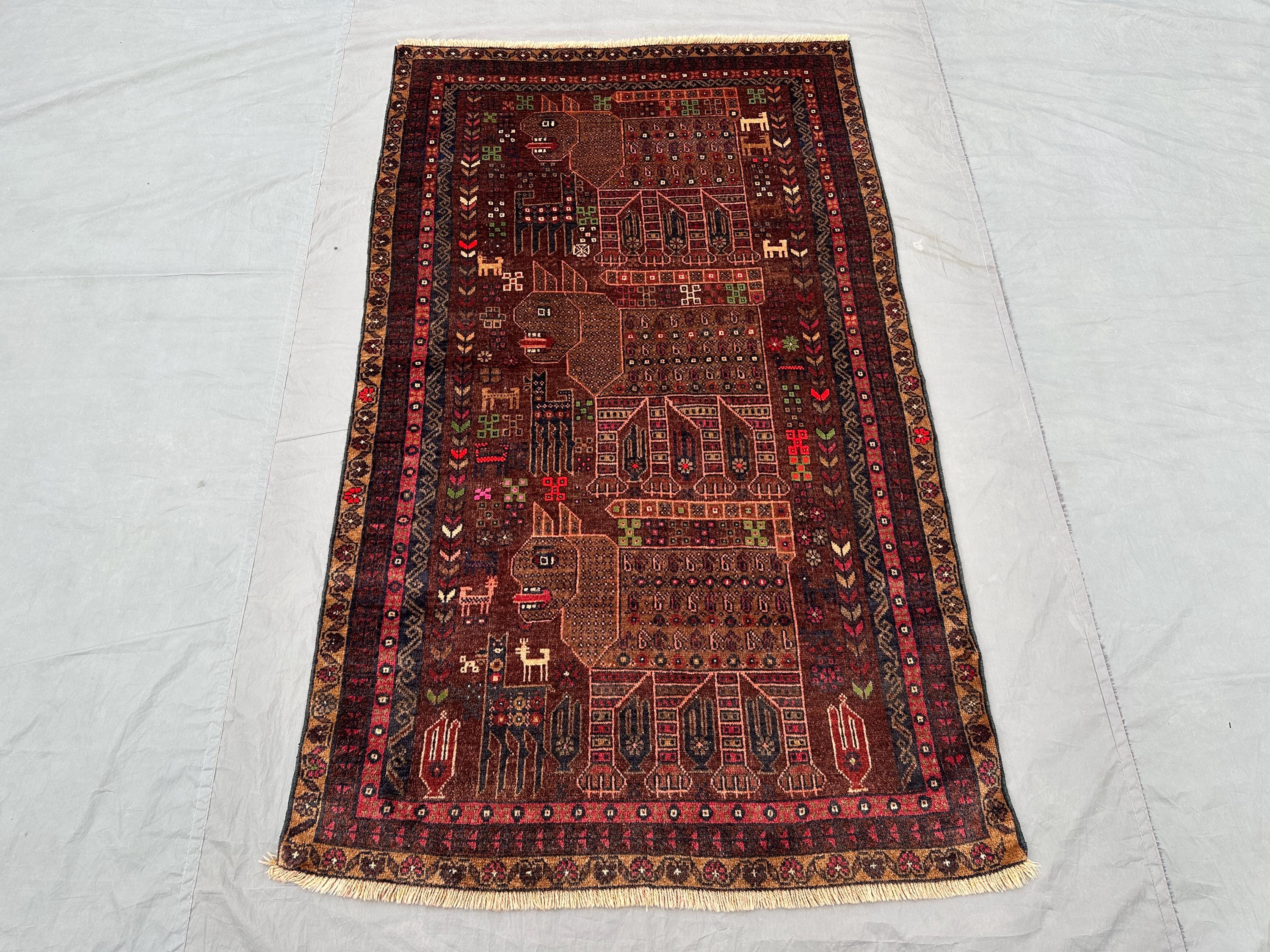 3'8x6'3 ft Baluch Pictorial Rug | Vintage Afghan Wool Carpet | Hand Knotted Nomadic Art Rug, Tribal Design Collectible Area Animal Decor Rug
