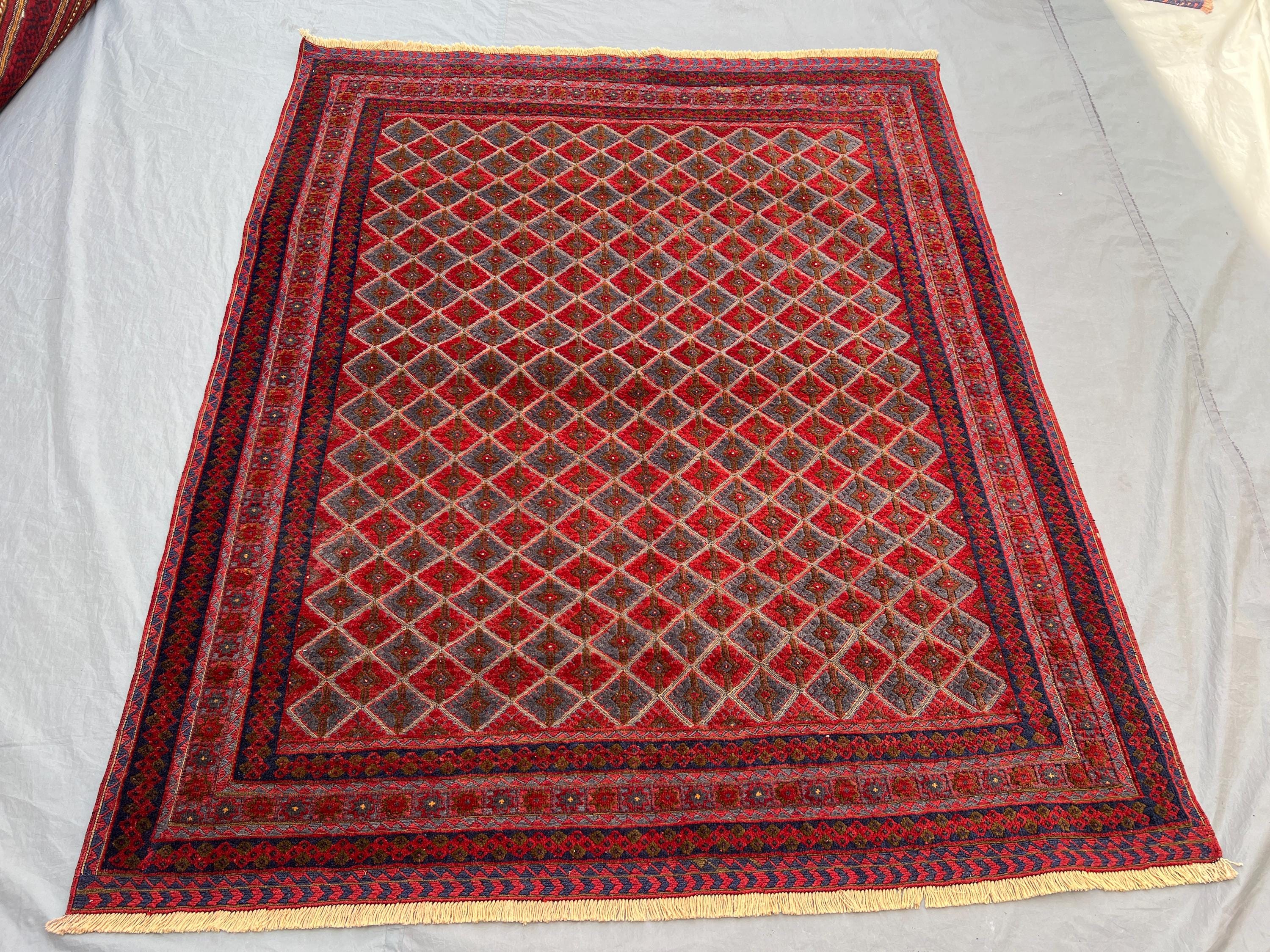 5'3x6'6 ft Vintage Afghan Hand-Knotted Rug – Red & Brown Diamond Design, Tribal Motifs, Handmade, Boho Home Decor, Cozy Living Room Accent