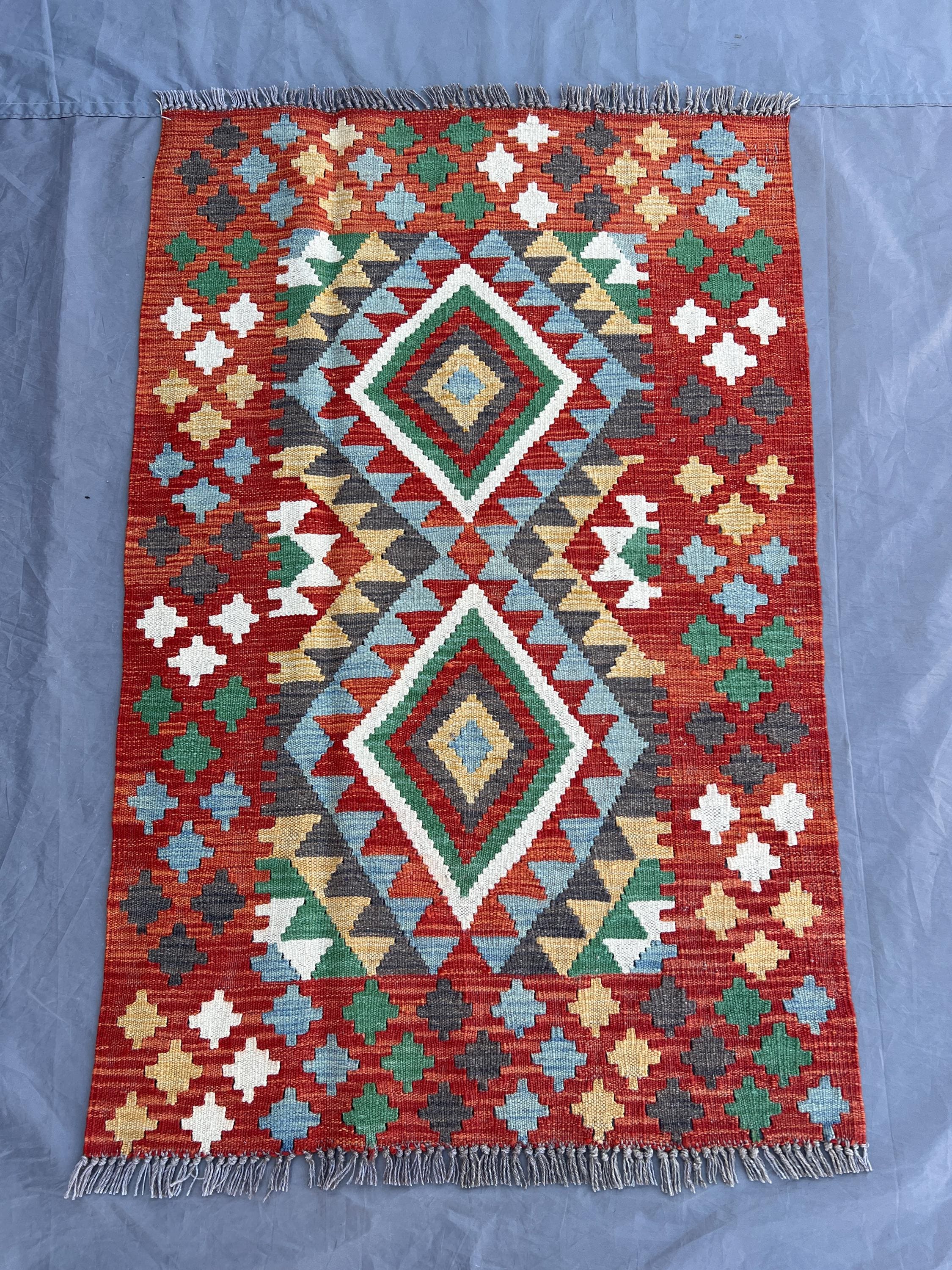 2'8x4 ft Afghan Handmade Kilim Rug | Wool Tribal Geometric Carpet | Red Green Ivory Yellow Blue Grey Turkish S