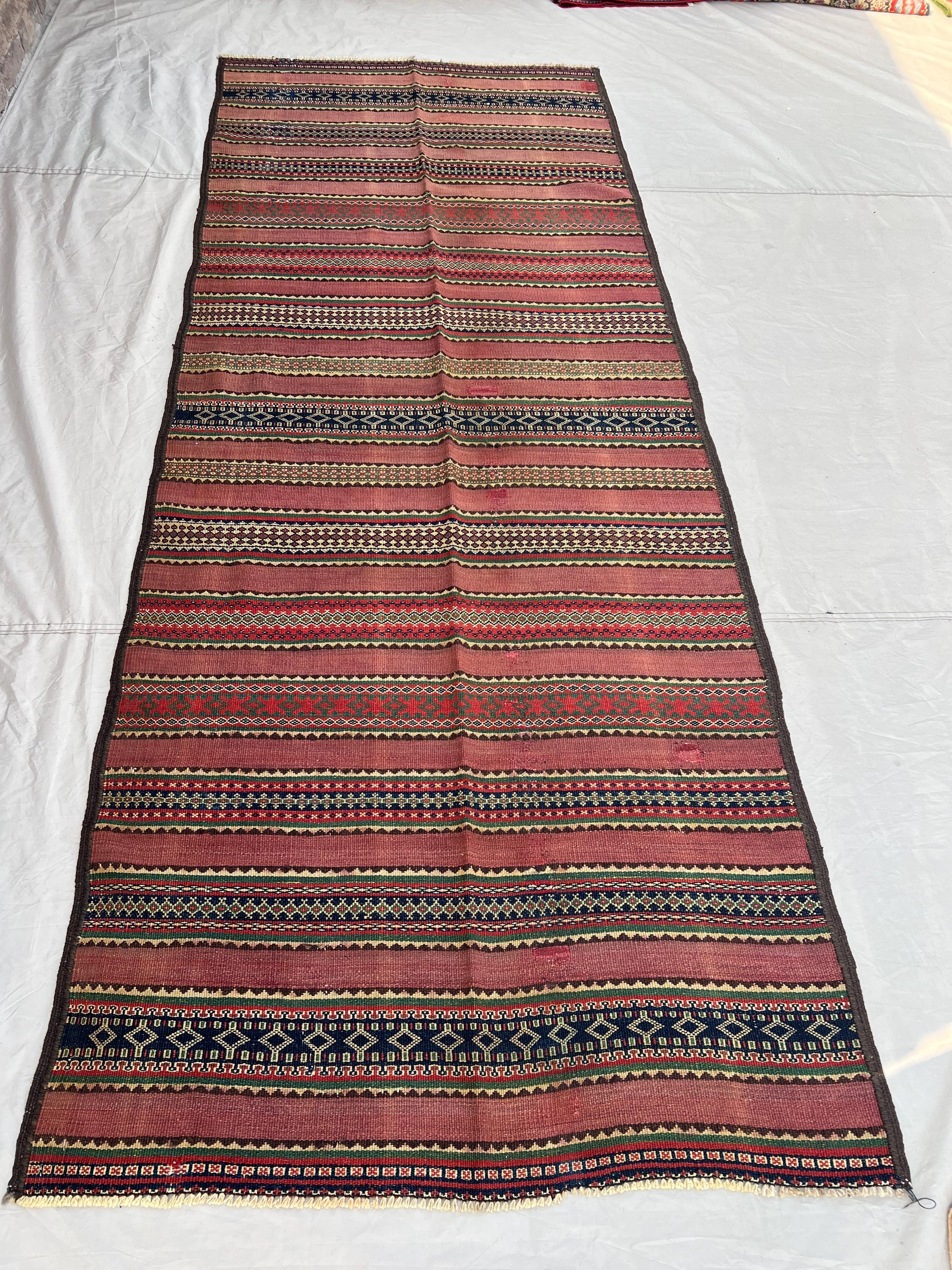 3'11x10 Vintage Afghan Flat Woven Wool Kilim Runner Dusty Rose Red Stripe Geometric Diamond Tribal Boho Hallway Staircase Long Carpet