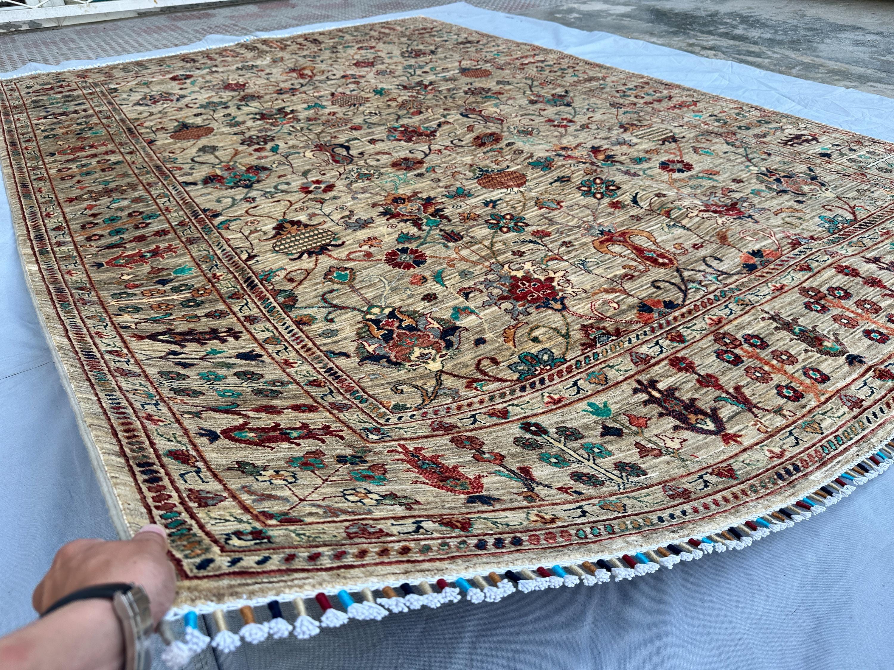 8x11, Oushak Area Rug Hand-Knotted Wool Carpet, Beige Floral Vase Design, Large Living Room Rug