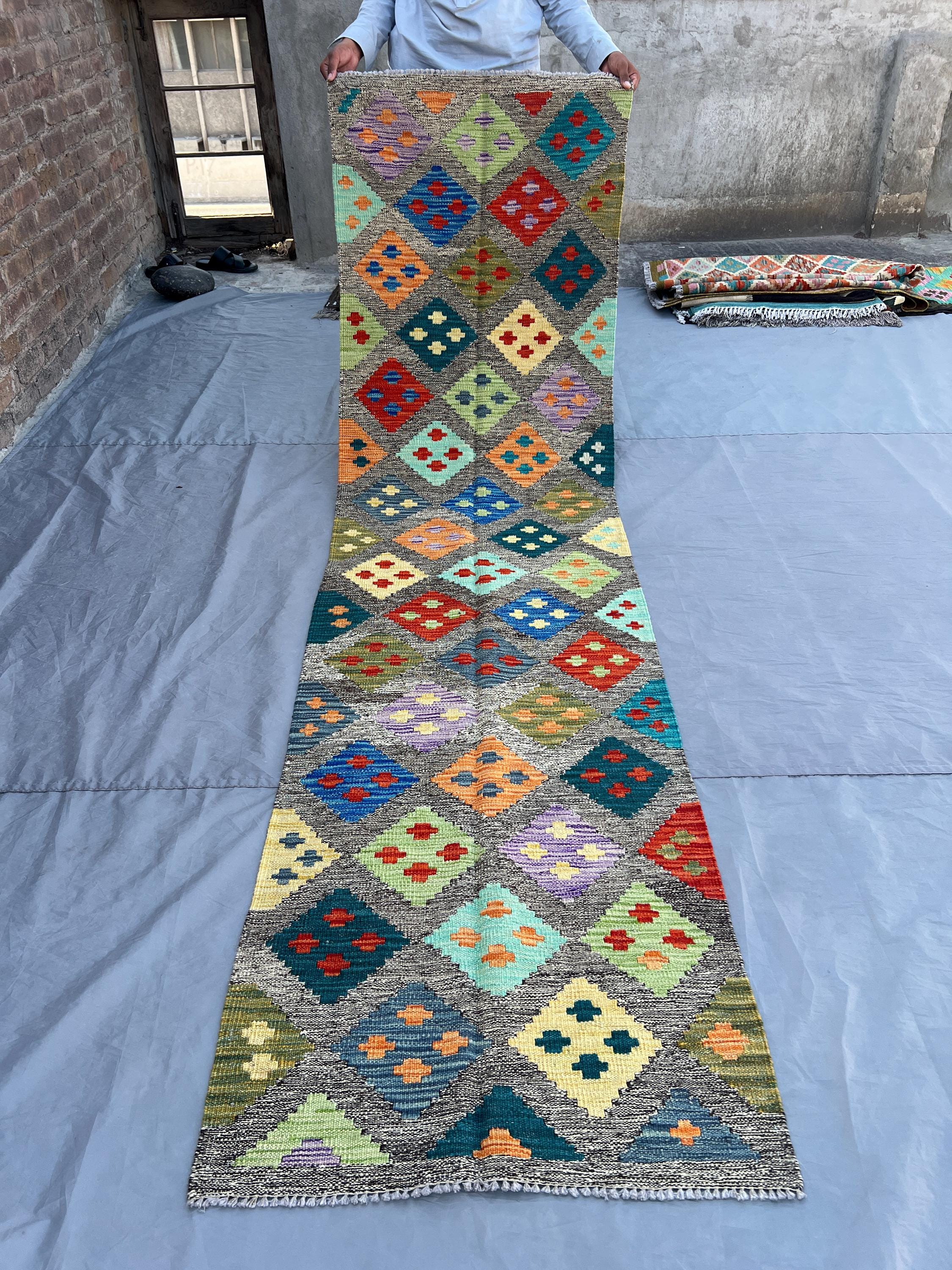 Afghan Kilim Runner Rug 3x10 | Handwoven Flat Weave Wool Runner | Colorful Tribal Hallway Rug | Long Entryway Kilim Carpet, Moss Home Decor