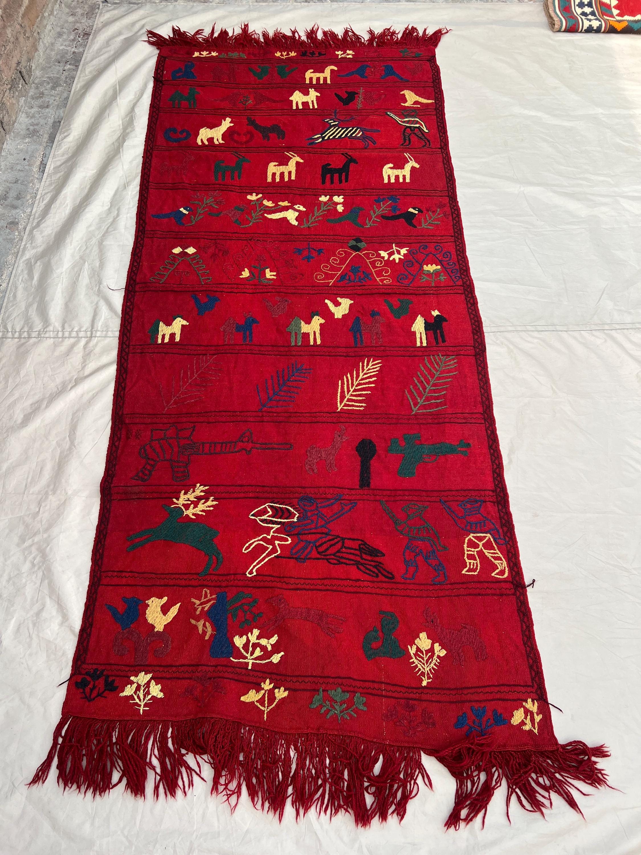 3'3x7'2 Vintage Afghan Pictorial Embroidered Textile | Hand Embroidered Wool Wall Hanging | Deep Red Multicolor Animal Folk Art Narrative