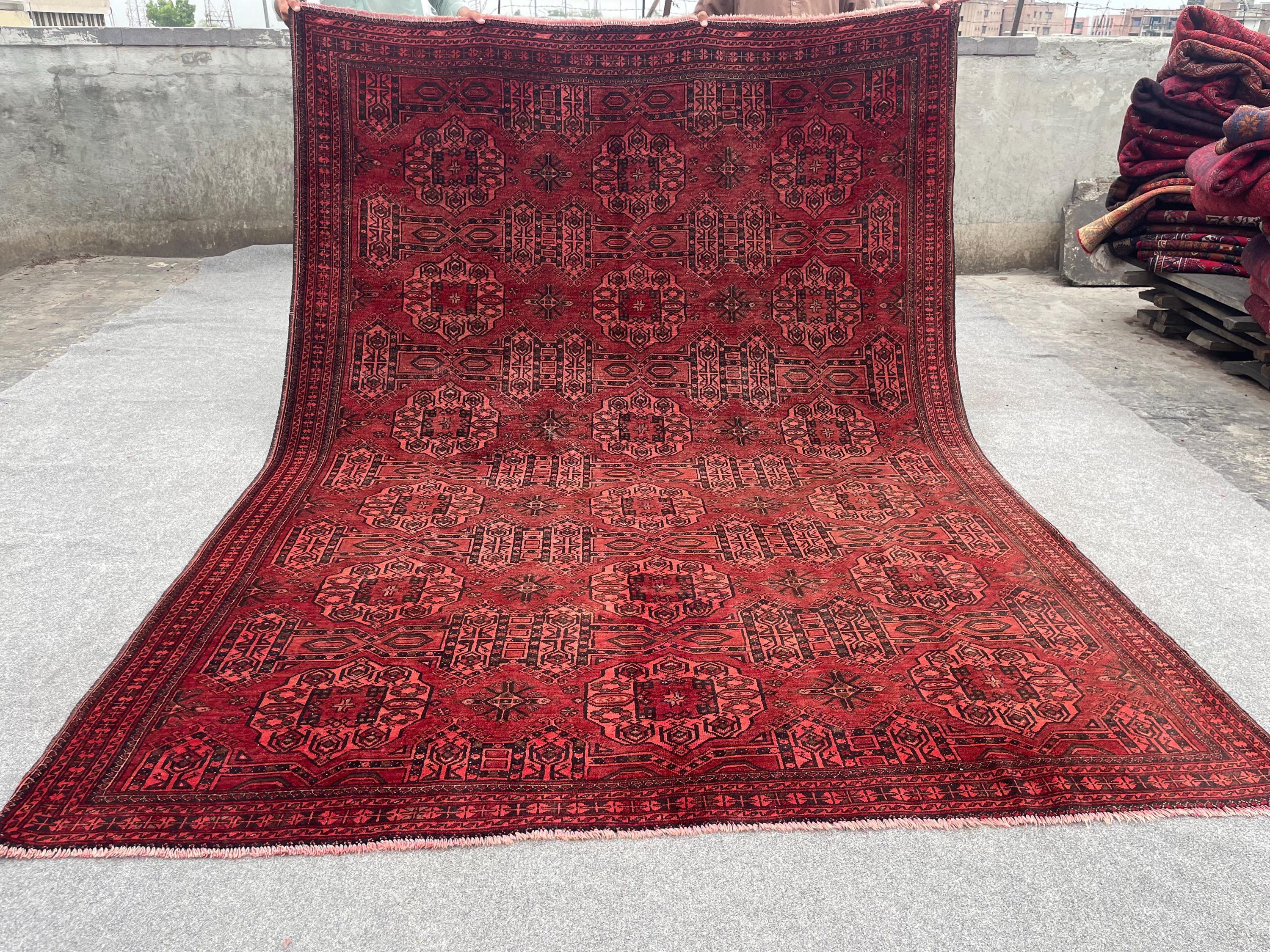 6'9x9'5 ft Antique Afghan Hand-Knotted Rug Turkmen Bukhara Tribal Wool Rug Ersari Geometric Pattern Large Area