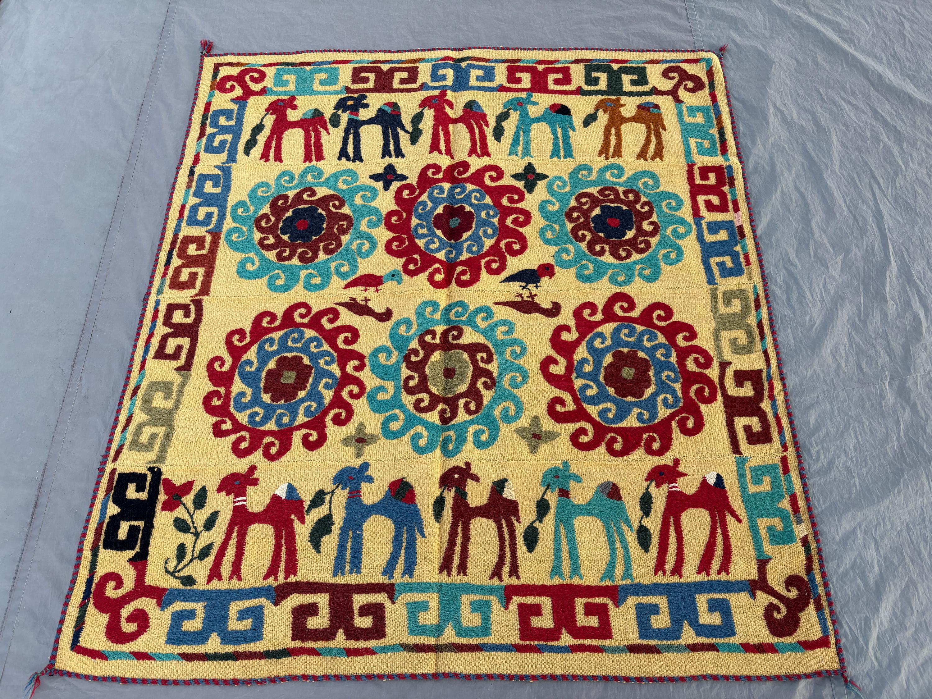 4'7x5'1 Ft Uzbek Suzani Flat Weave Vintage Hand Knotted Textile Rug, Pictorial Animal Print, One of a Kind, Luxury Home Decor, Wall Decor