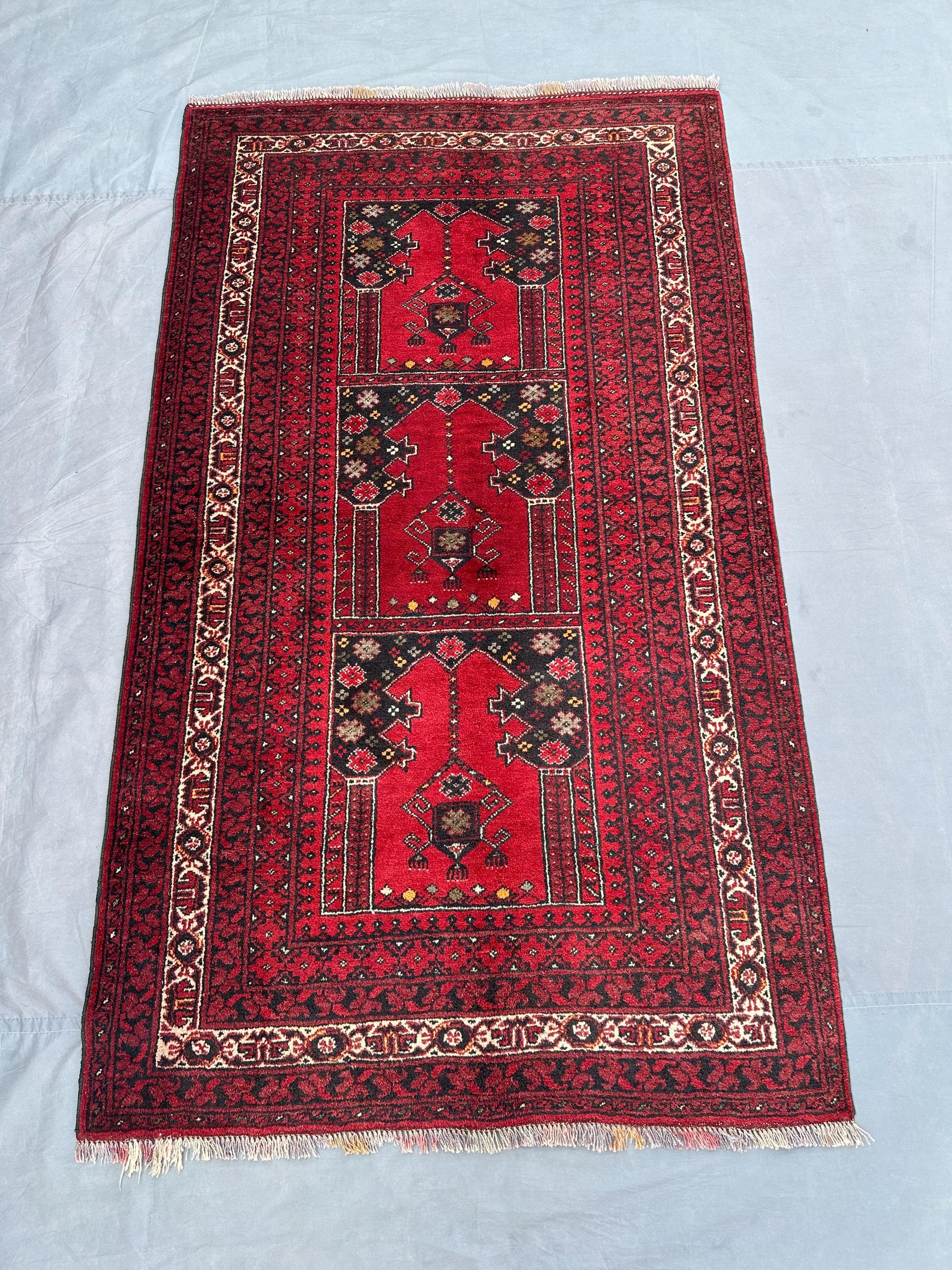 4x6 Antique Afghan Baluch Rug | Hand Knotted Wool Tribal Carpet | Red Black Geometric Pattern | Bohemian Accent Area Decor Rug, Kitchen rug