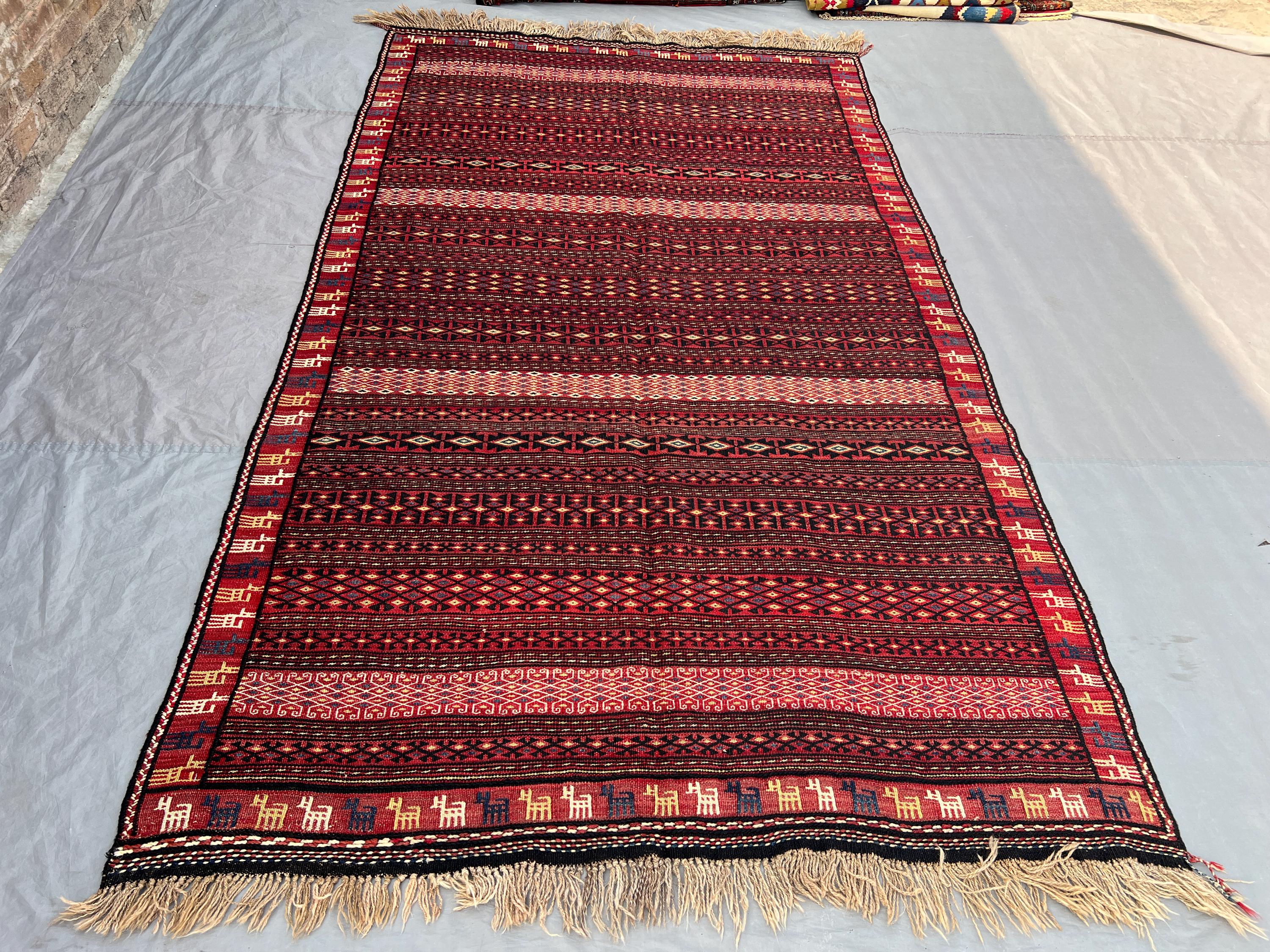 5'6x9'5 Ft Vintage Afghan Baluchi Soumak Kilim Rug, Handwoven Deep Red Geometric Diamond Wool Flatweave | Living Room Boho Decor