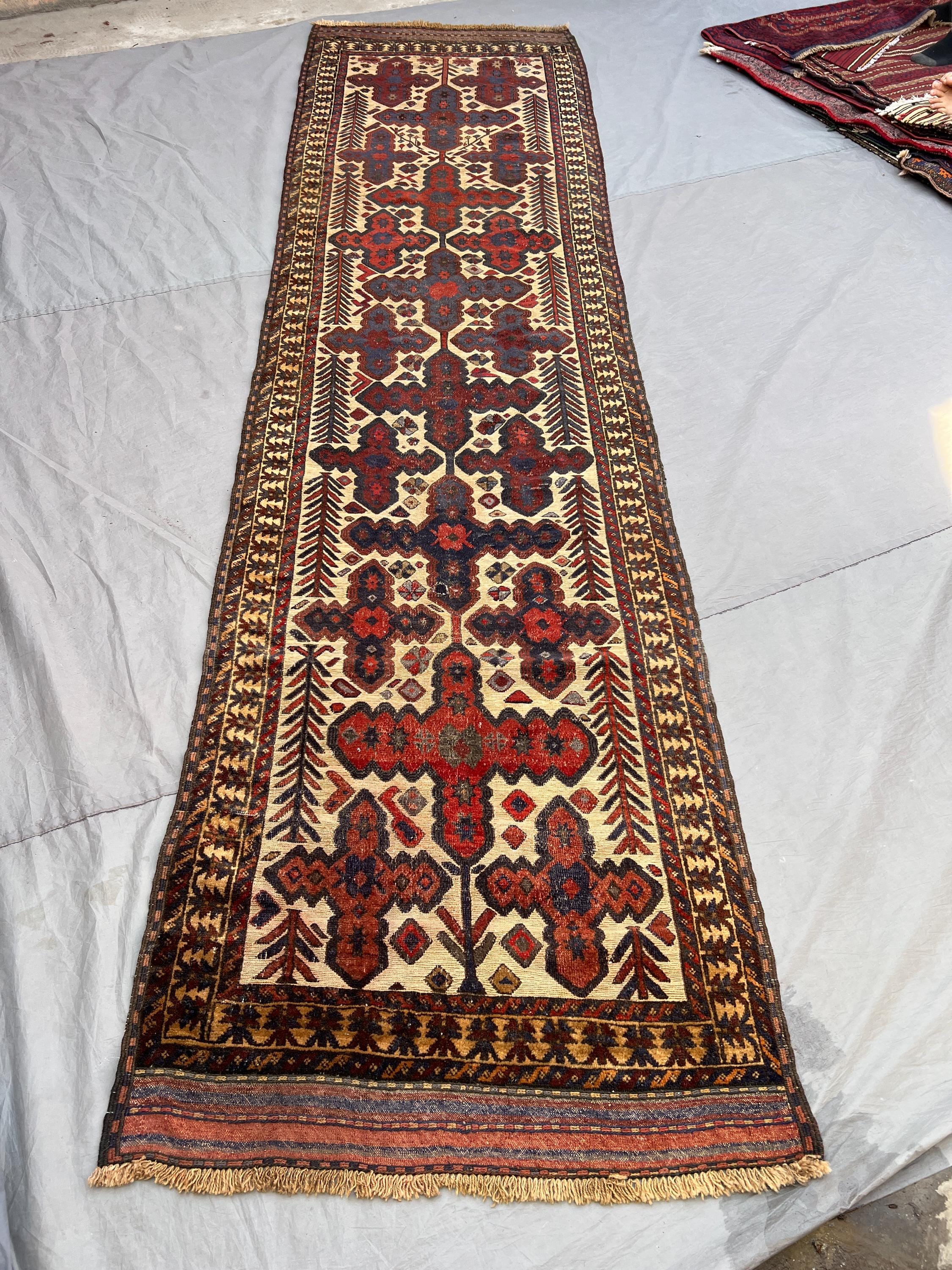 3'2x12 ft Vintage Afghan Pile Runner Rug | Handknotted Tribal All-Over Floral Boteh | Ivory & Crimson Red Wool | Hallway Runner Entryway