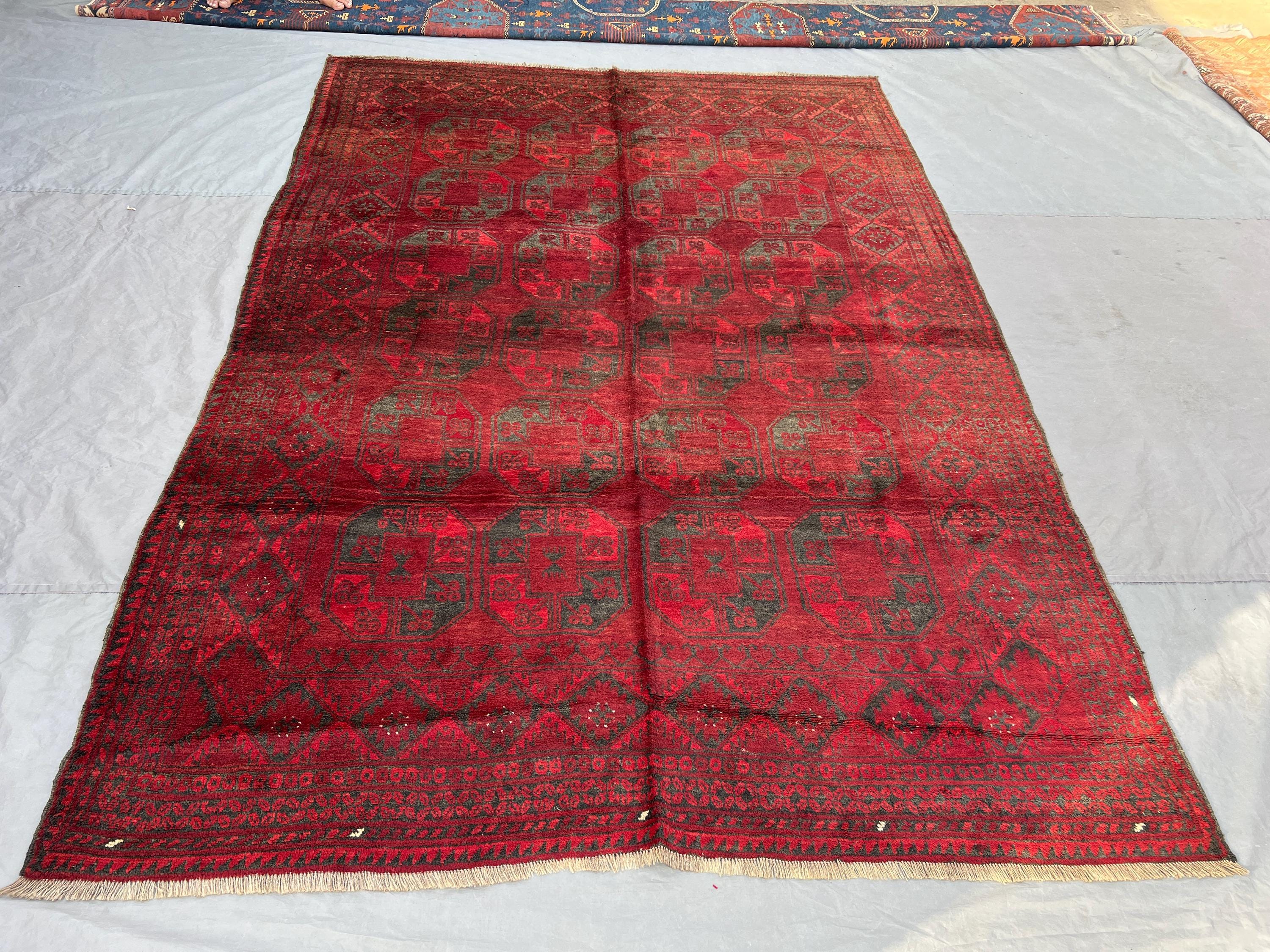 6'8x9'9 Ft Red Turkmen Inspired Vintage Afghan Soft Pile Rug | Crimson Geometric Tribal Area Rug Living Room B