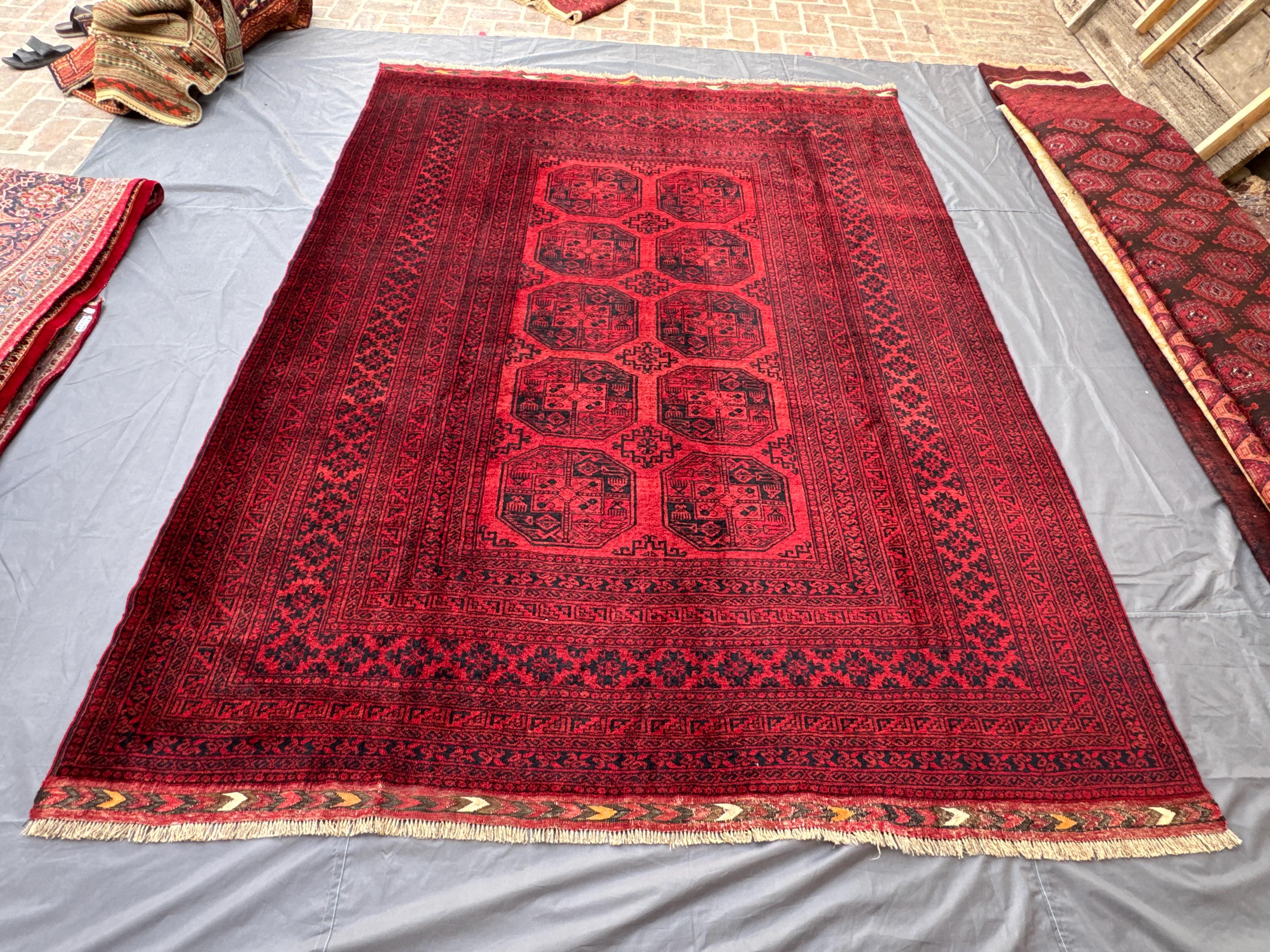 Red 8x11ft Turkoman Traditional Vintage Rug, Handwoven Wool, Geometric Design, Large Area Oriental Carpet, Living Room Décor