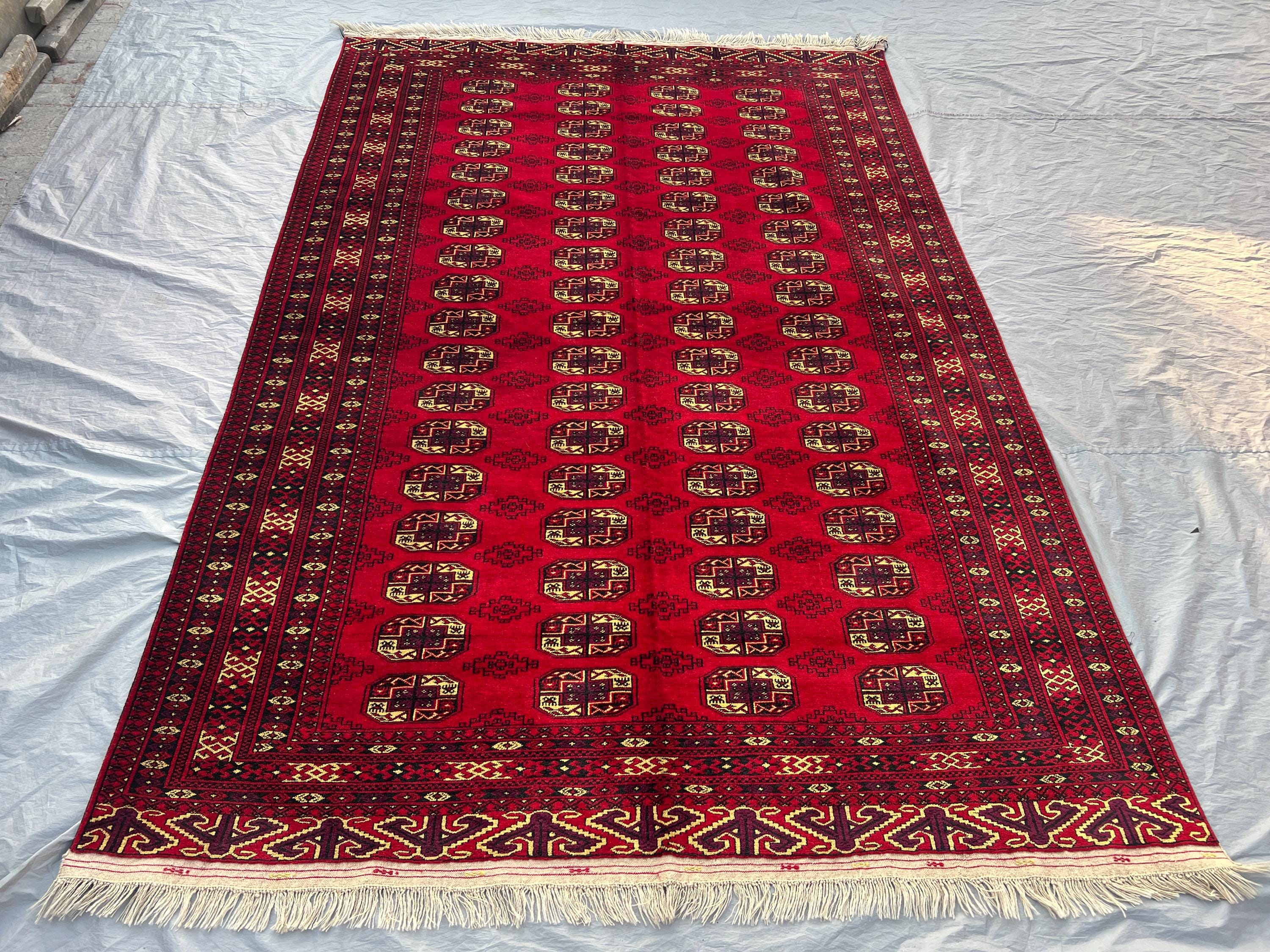 6x9'2 Ft Vintage Afghan Turkoman Wool Pile Rug Hand-Knotted All-Over Bokhara Gul Deep Red Gold Navy Large Area