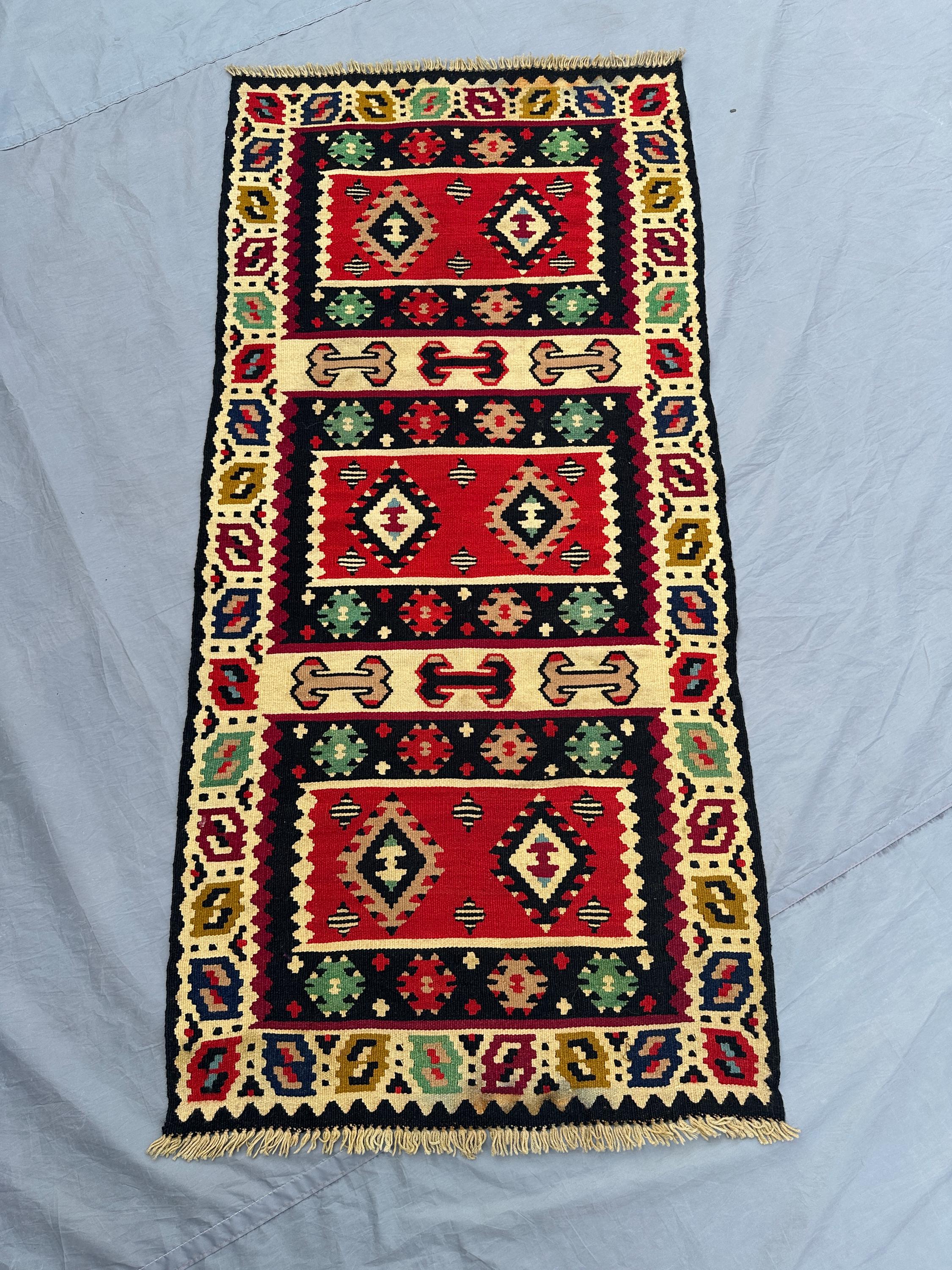 2'3x4'9 Vintage Turkish Kilim Rug | Tribal Flat Weave Wool Rug | Handwoven Geometric Red Black Decor | Small B