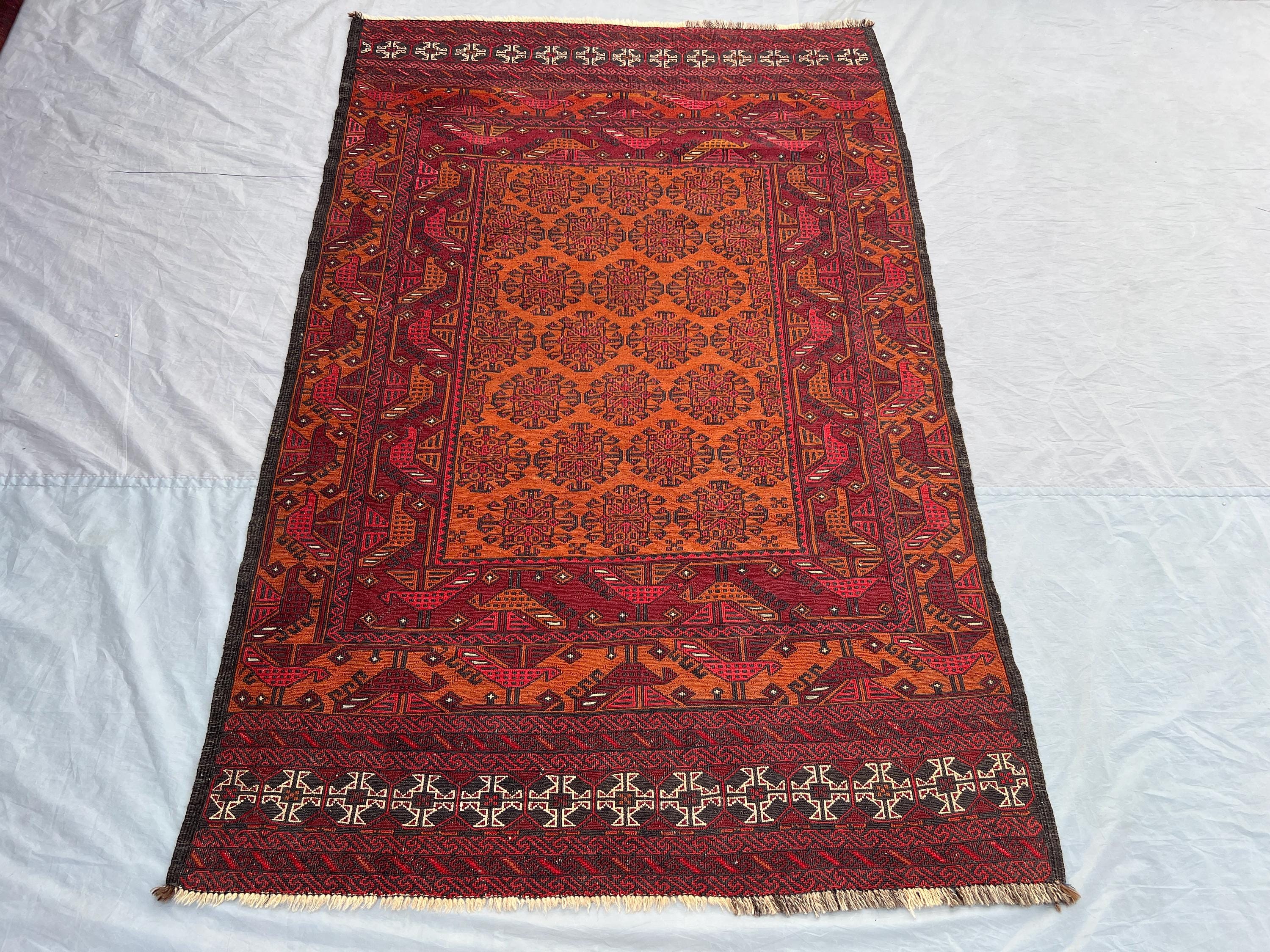 4x7 Vintage Afghan Kilim Rug | Tribal Wool Flat Weave Baluchi Style | Handwoven Boho Floor Rug | Orange Red Et
