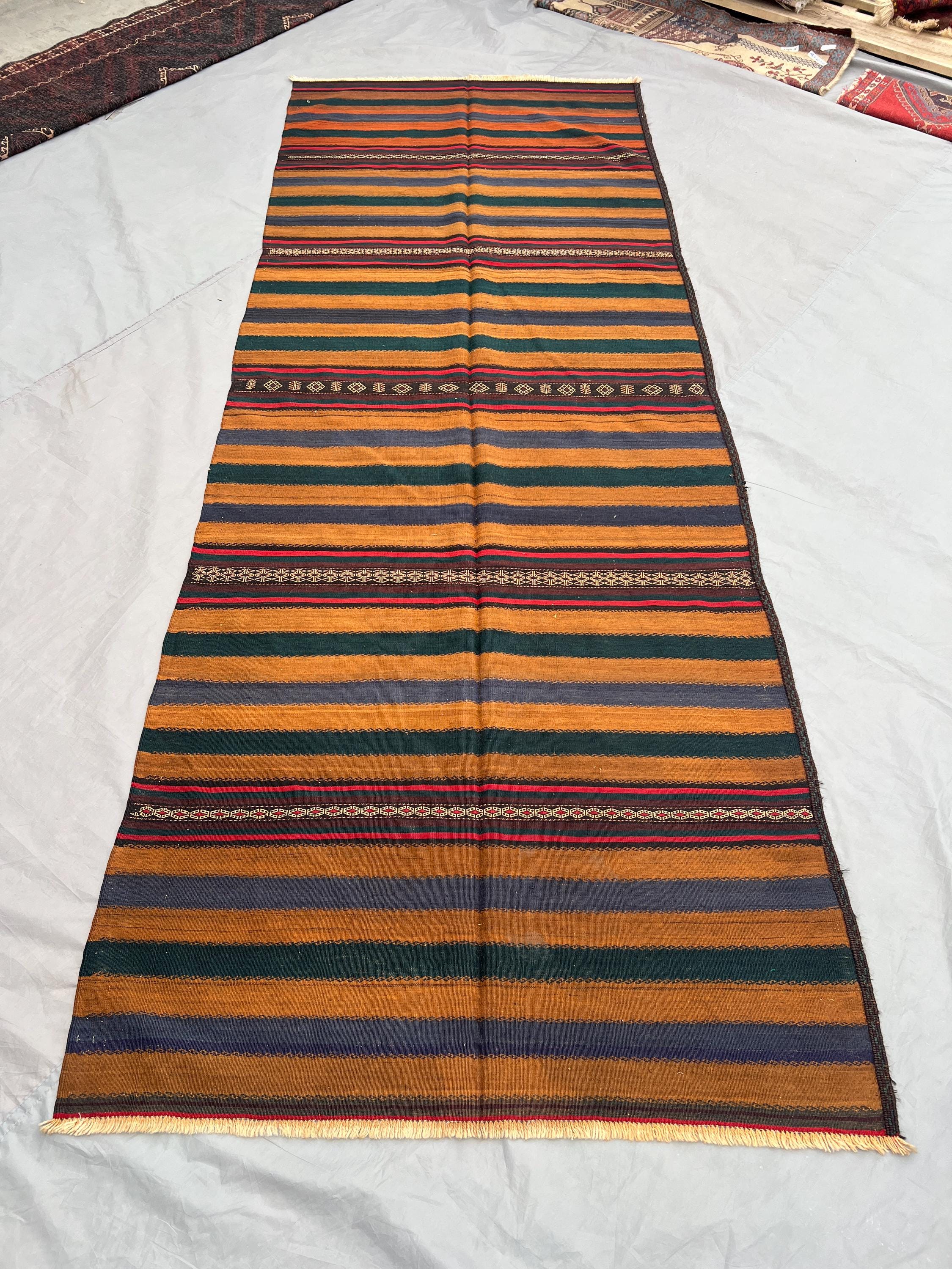 4.4x11.10 ft vintage afghan baluchi runner rug | hand woven wide hallway rug striped tribal wool rug earthy tones kilim style Wide Rug
