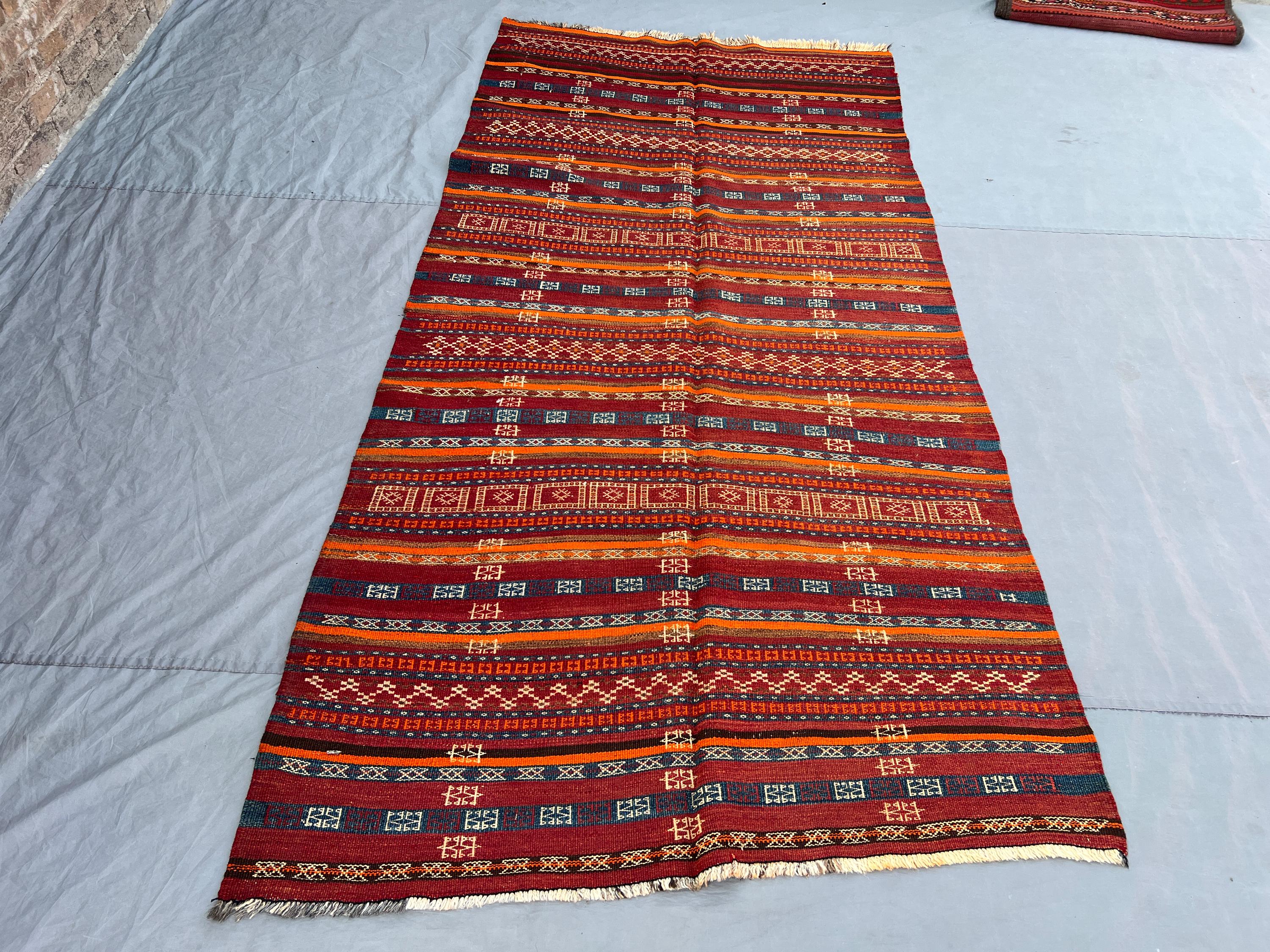 4'7x9 Ft Vintage Afghan Kilim Rug Red Orange Tribal Stripe Geometric Flatweave Handwoven Wool Area Rug | Living Room Dining Room Boho Decor
