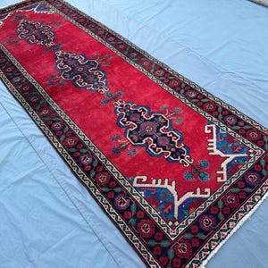 ヴィンテージ アフガニスタン トルクメン ランナー ラグ | 3'5 x 9'11 フィート | ハンドメイド ウール カーペット | 部族の幾何学模様 | 廊下用ワイド ランナー ラグ レッド ランナー ラグ