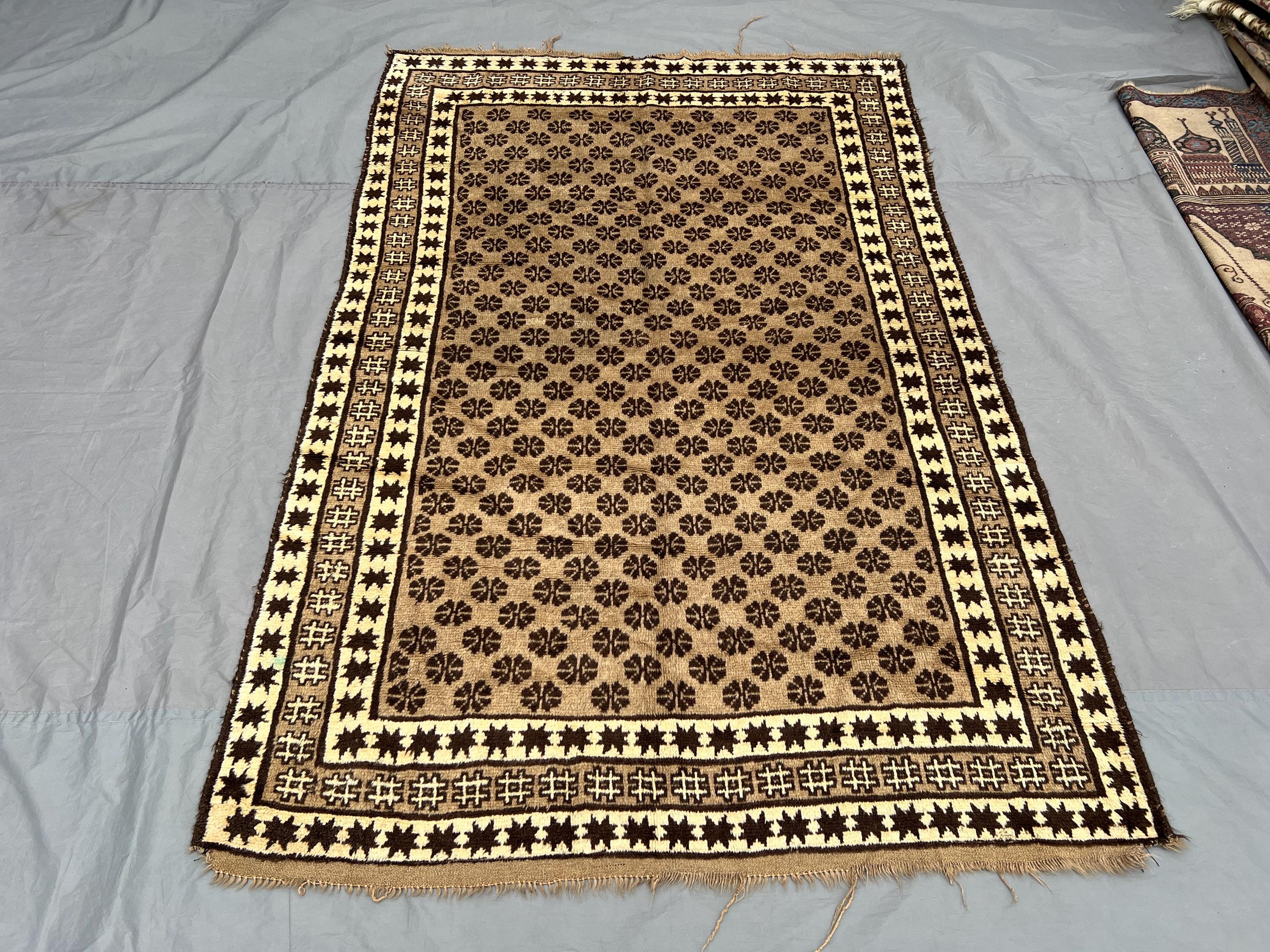 Afghan antique rug 5x8 hand knotted distrssed wool faded brown vintage tribal rug for living room rustic decor one of a kind | kitchen rug